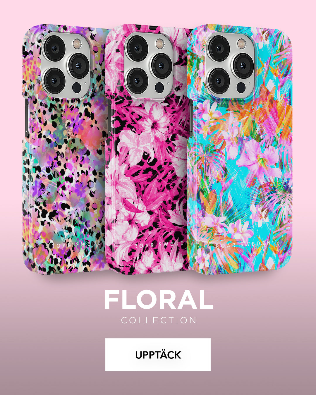 A collection of smartphone cases with vibrant floral patterns.