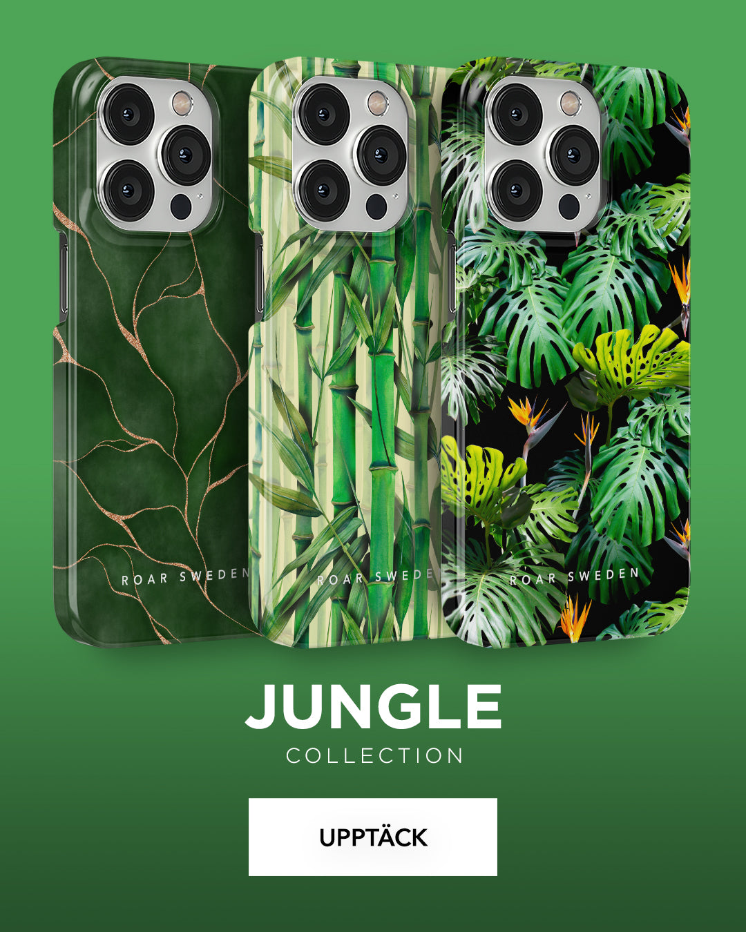 Three smartphone cases with different jungle-themed designs on a green background, part of the "jungle collection" by uppercase.