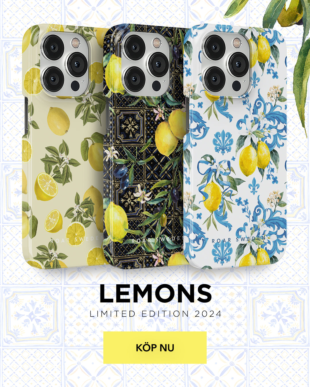 Assorted lemon-themed phone cases from the 'limited edition 2024' collection.