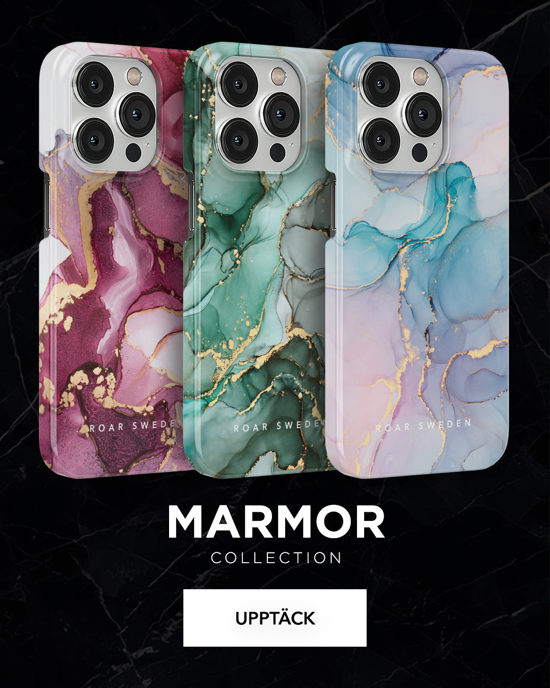Four smartphones with artistic, marbled cases in various colors, showcased against a dark, textured background. text labels them as part of the "marmor collection" by upptäck.