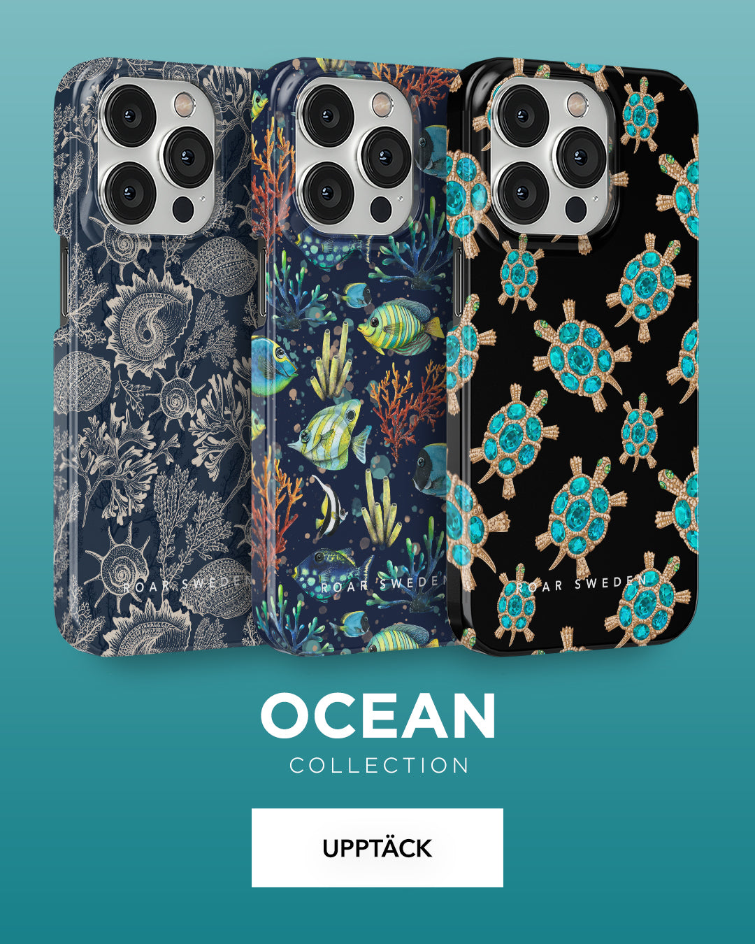 Three smartphone cases with ocean-themed designs from the "ocean collection" by upptäck.