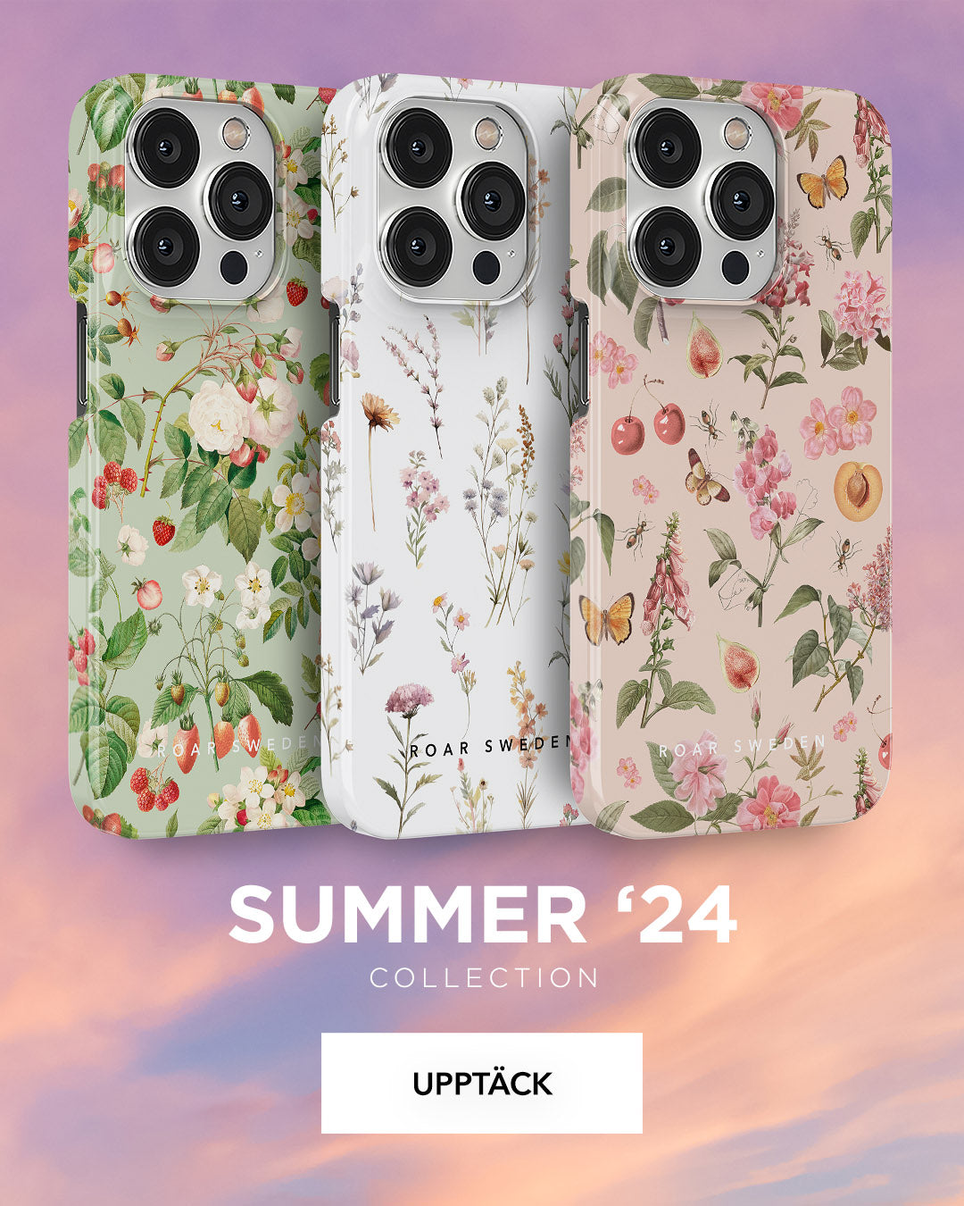 Collection of smartphones with floral-patterned cases against a sky backdrop, highlighting the spring 2024 collection.