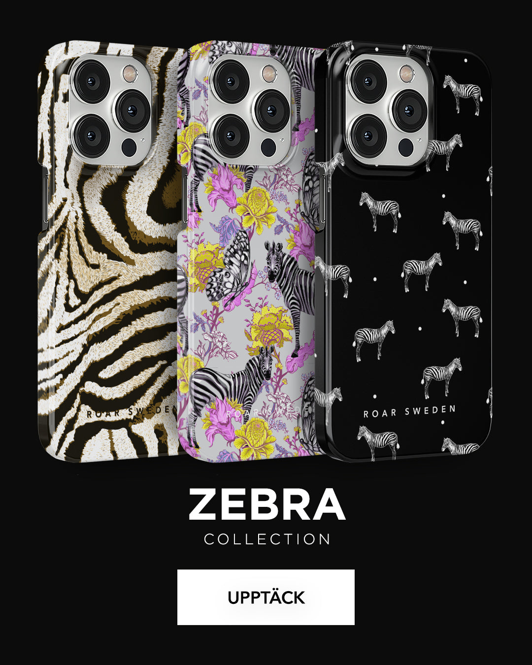 A collection of phone cases with various zebra-themed designs.