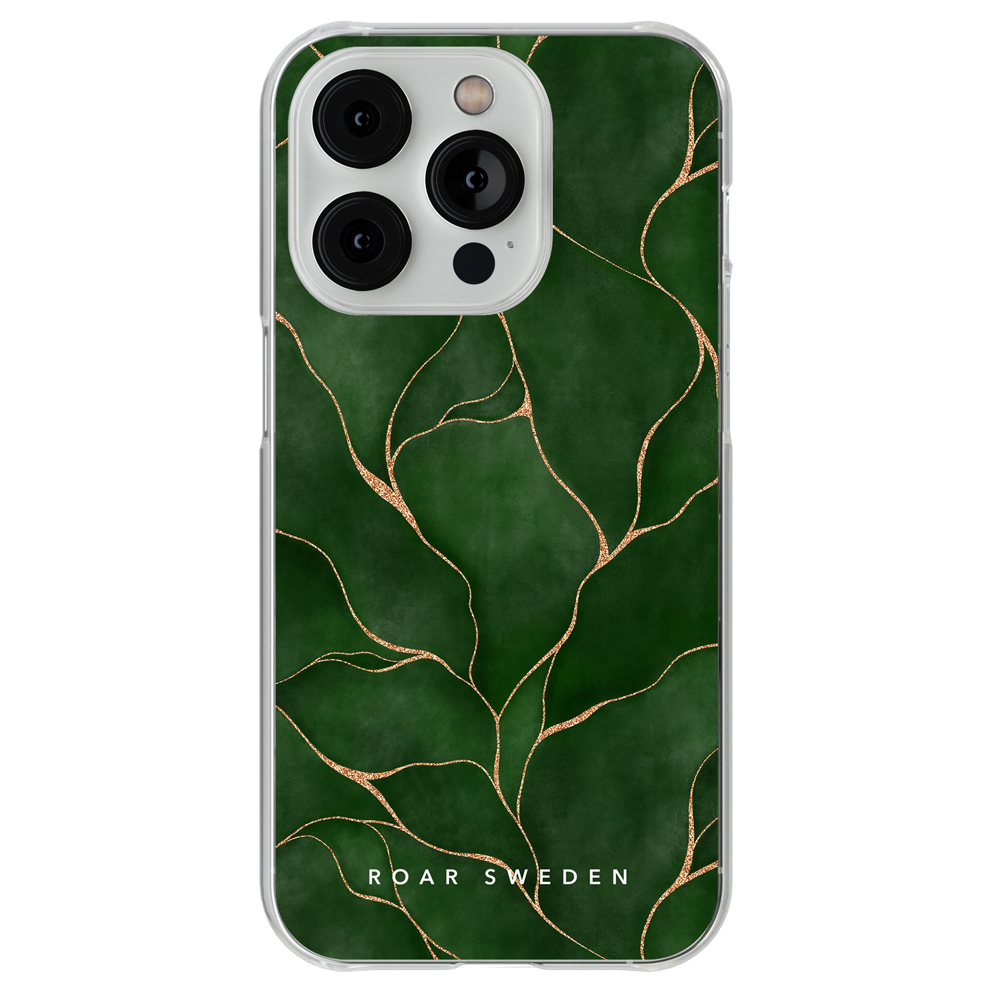 Ett genomskinligt telefonfodral prydt med bladguld, inspirerat av Livets träd och designat av Roar Sweden, kallat livets träd - Clear Case.