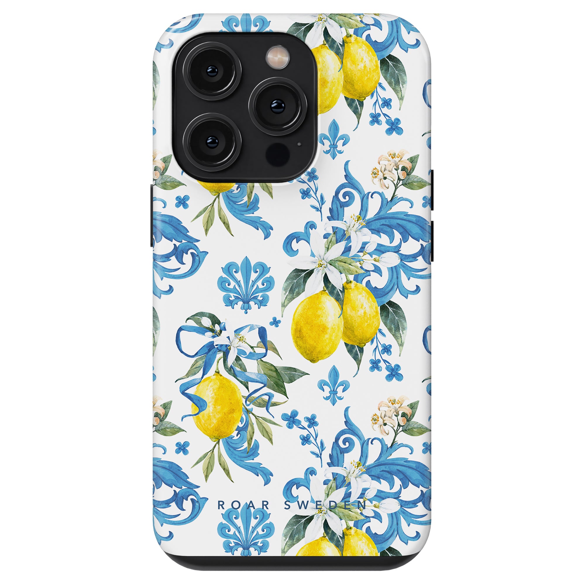 En Bianca - Tough case med citroner och blått blommönster, inspirerad av siciliansk kultur, designad för en modell med två kameror.