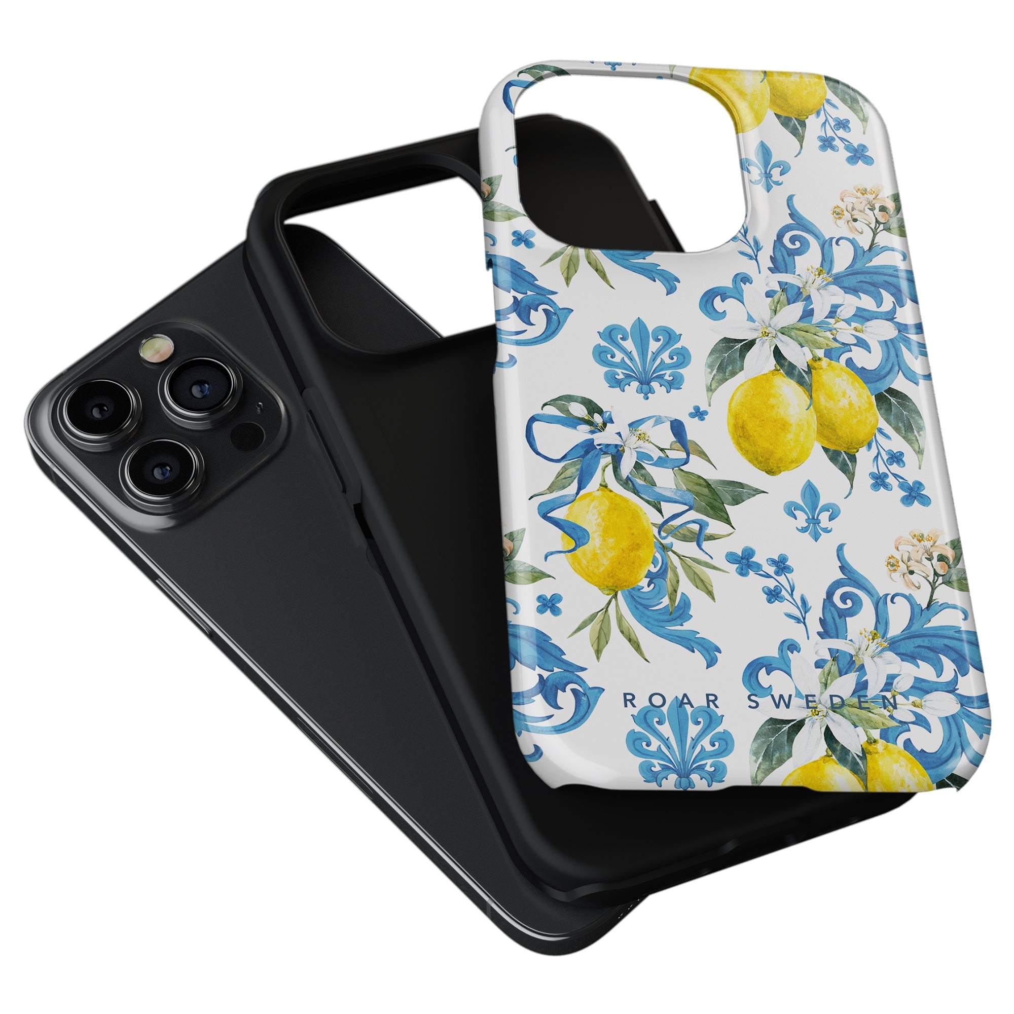 Black smartphone with triple-camera setup next to a Bianca - Tough case with lemon and floral pattern inspired by Sicilian culture.