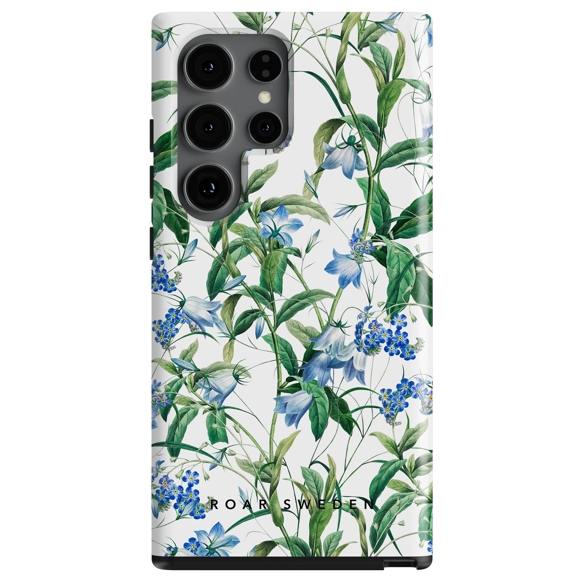 A smartphone with a floral patterned case featuring blue flowers and green leaves, known as the Blue Bells - Tough Case for optimal smartphone skydd.