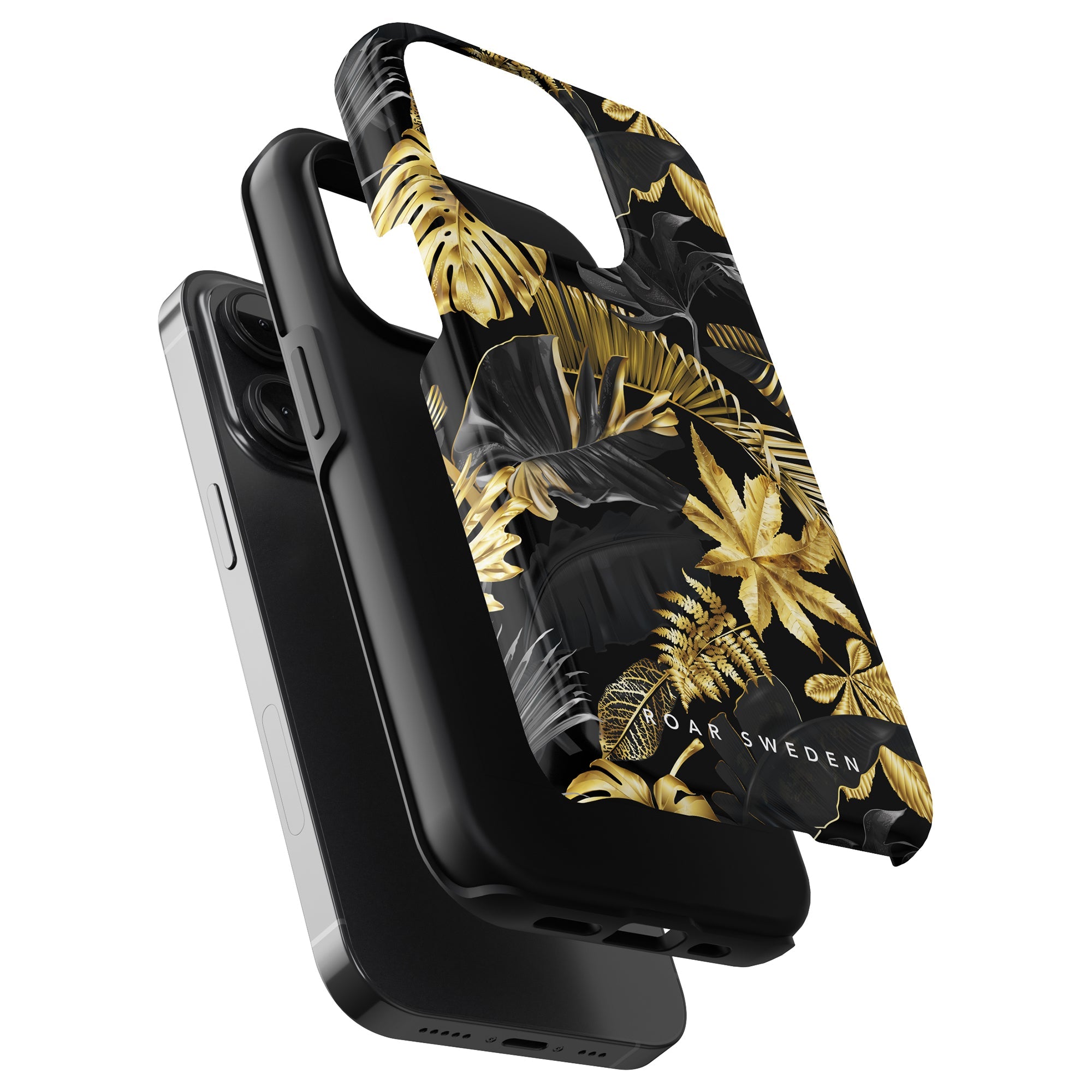 Ett Botanic Gold - Tufft fodral, som ger ett mobilt skydd med guldfärgade djungelväxter-accenter, för iPhone 11 Pro.