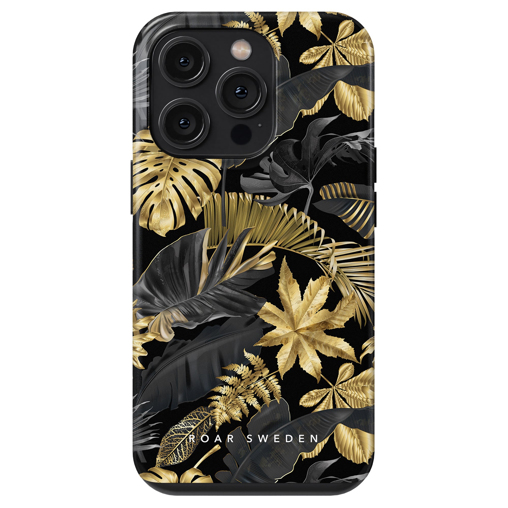 Ett robust svart telefonfodral med tropiska löv - Botanic Gold - Tufft fodral.