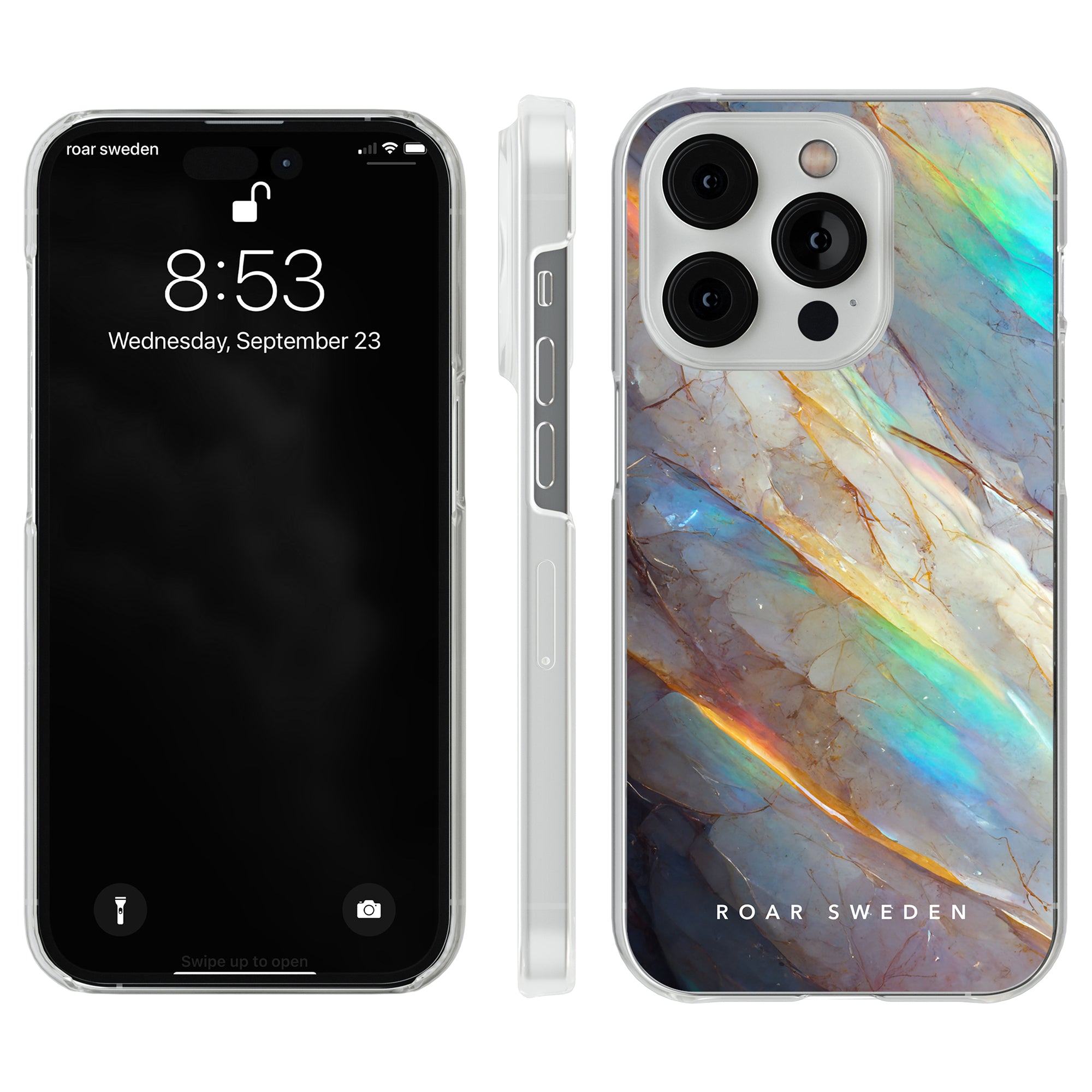 Ett Crystal - Clear Case iphone 11 fodral med ett regnbågsfärgat skal.