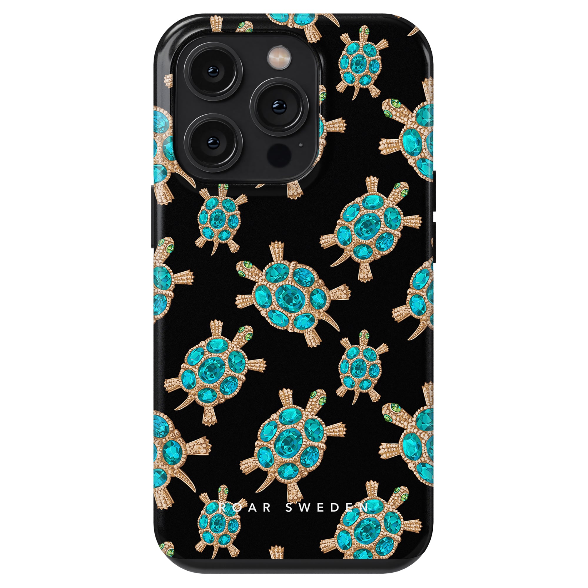 Black smartphone case with Diamond Turtle - Tough Case with turquoise pattern and ROAR SWEDEN brand name.