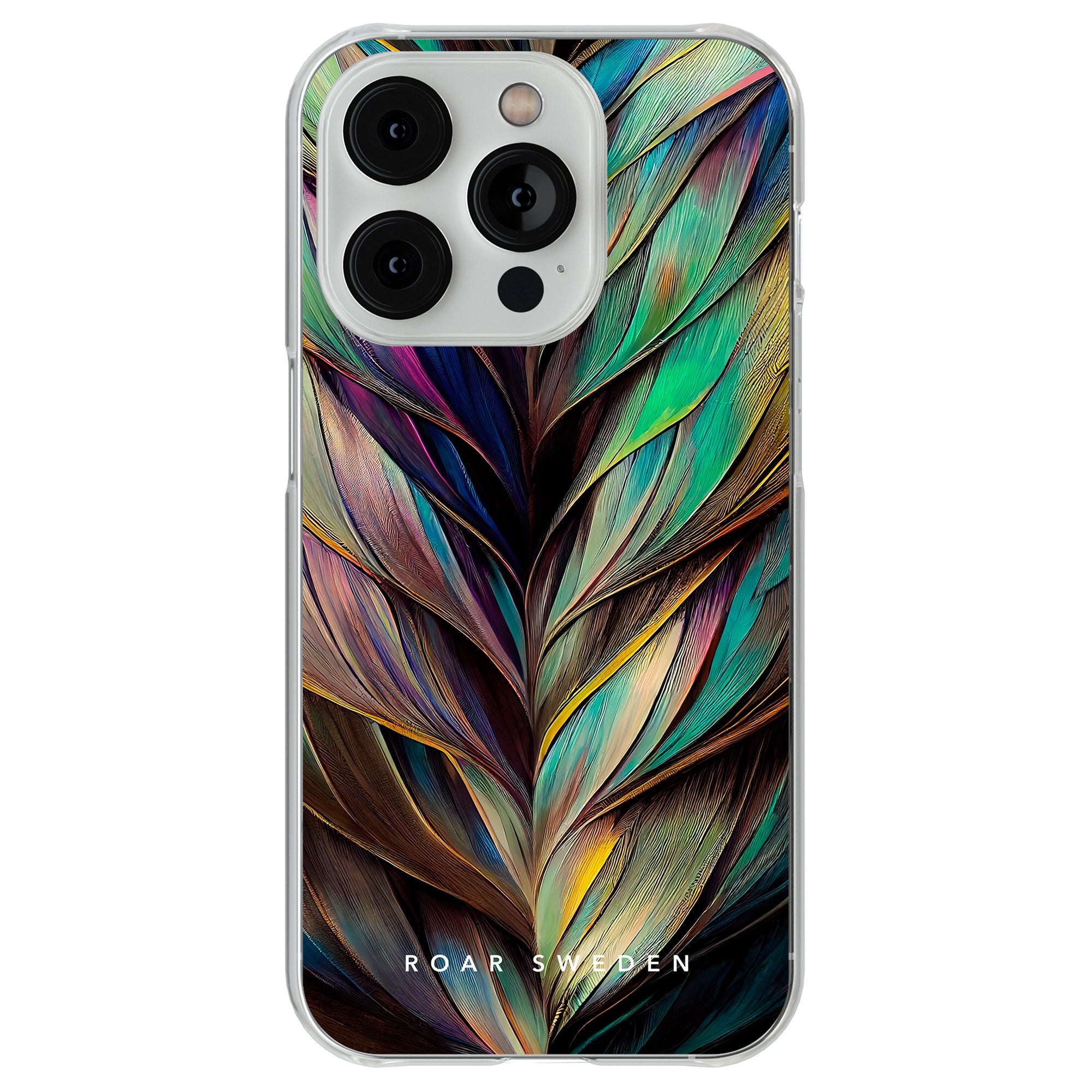 Beskrivning: Ett mobilskal till iPhone 11 Pro med Feathers - Clear Case, med färgglada fjädrar på.