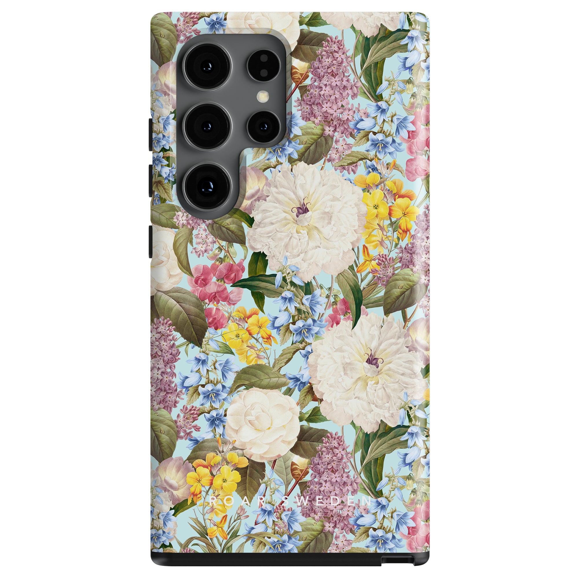 A smartphone with a Fragrant Paradise - Tough Case design featuring a mix of colorful flowers.