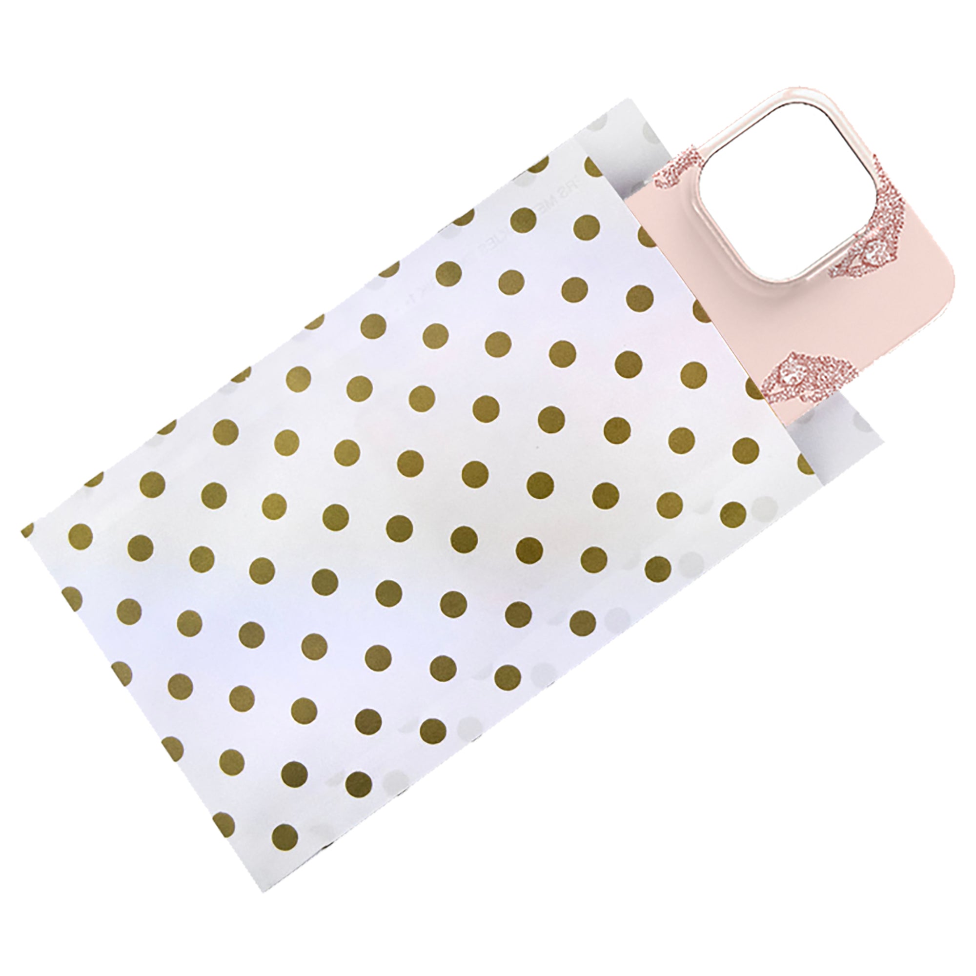Pink and white Presentpåse - Dots gift bag adorned with gold dots.