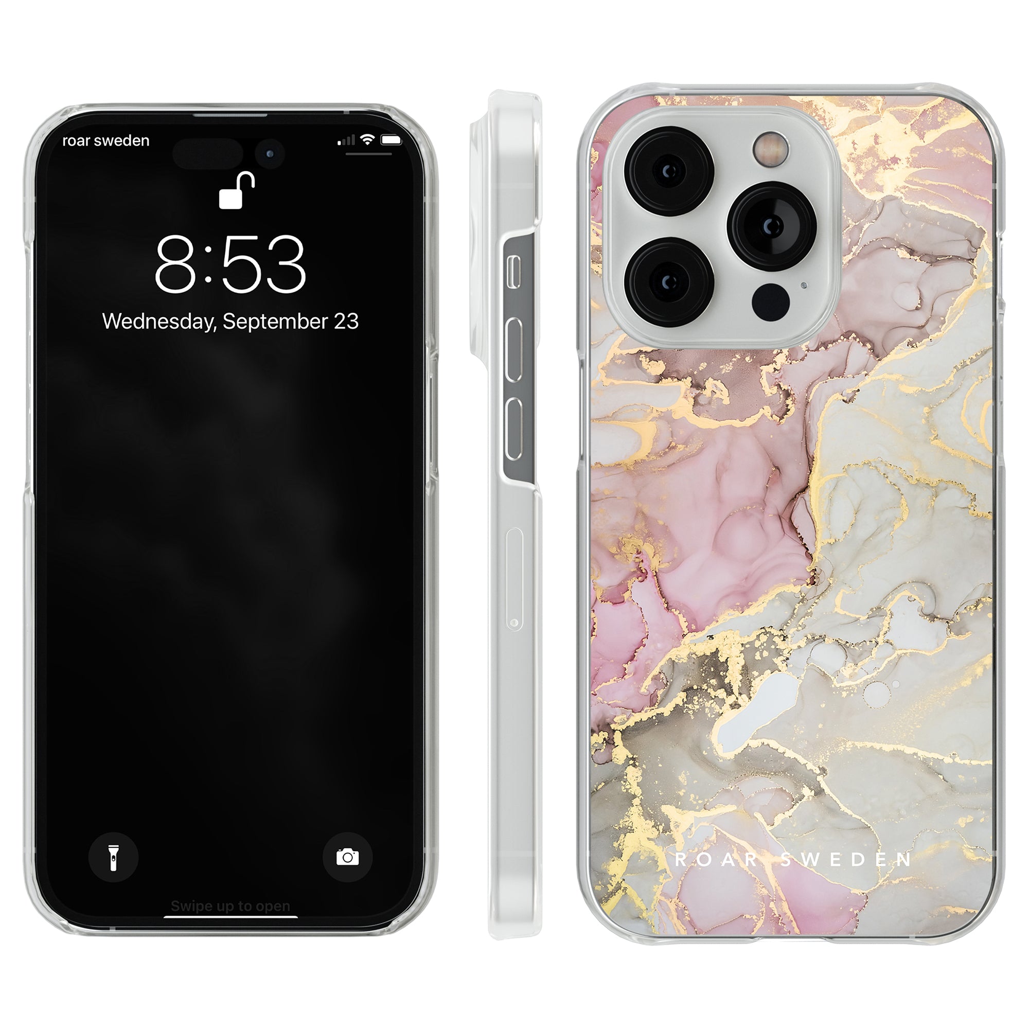 Ett rosa och guld-marmor-glitterfodral för iPhone 11 Pro, kallat Glitter - Clear Case från Printeers.