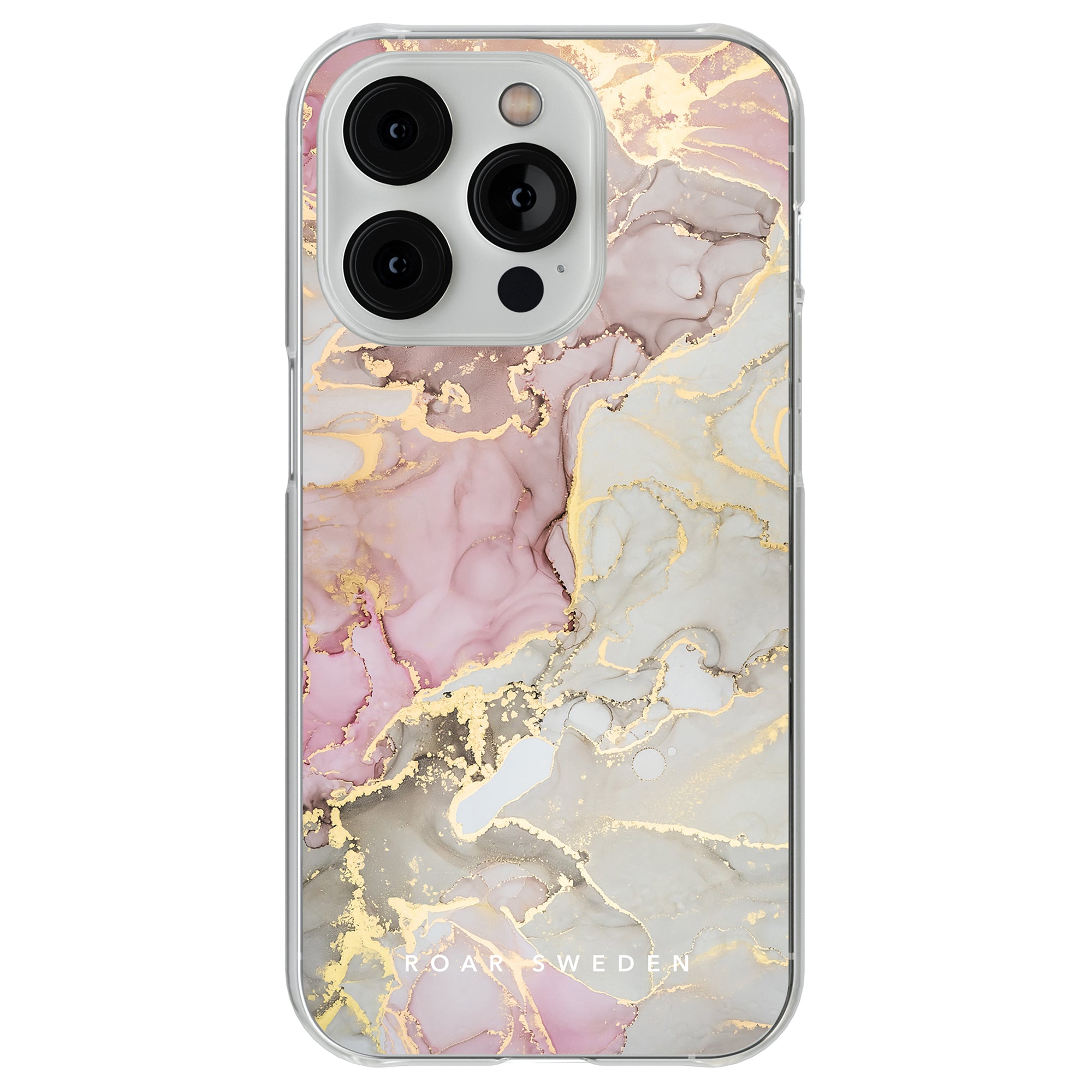Ett telefonfodral i rosa och guld i marmor för iPhone 11 med en hållbar glasyrfinish, till exempel Glitter - Clear Case från Printeers.