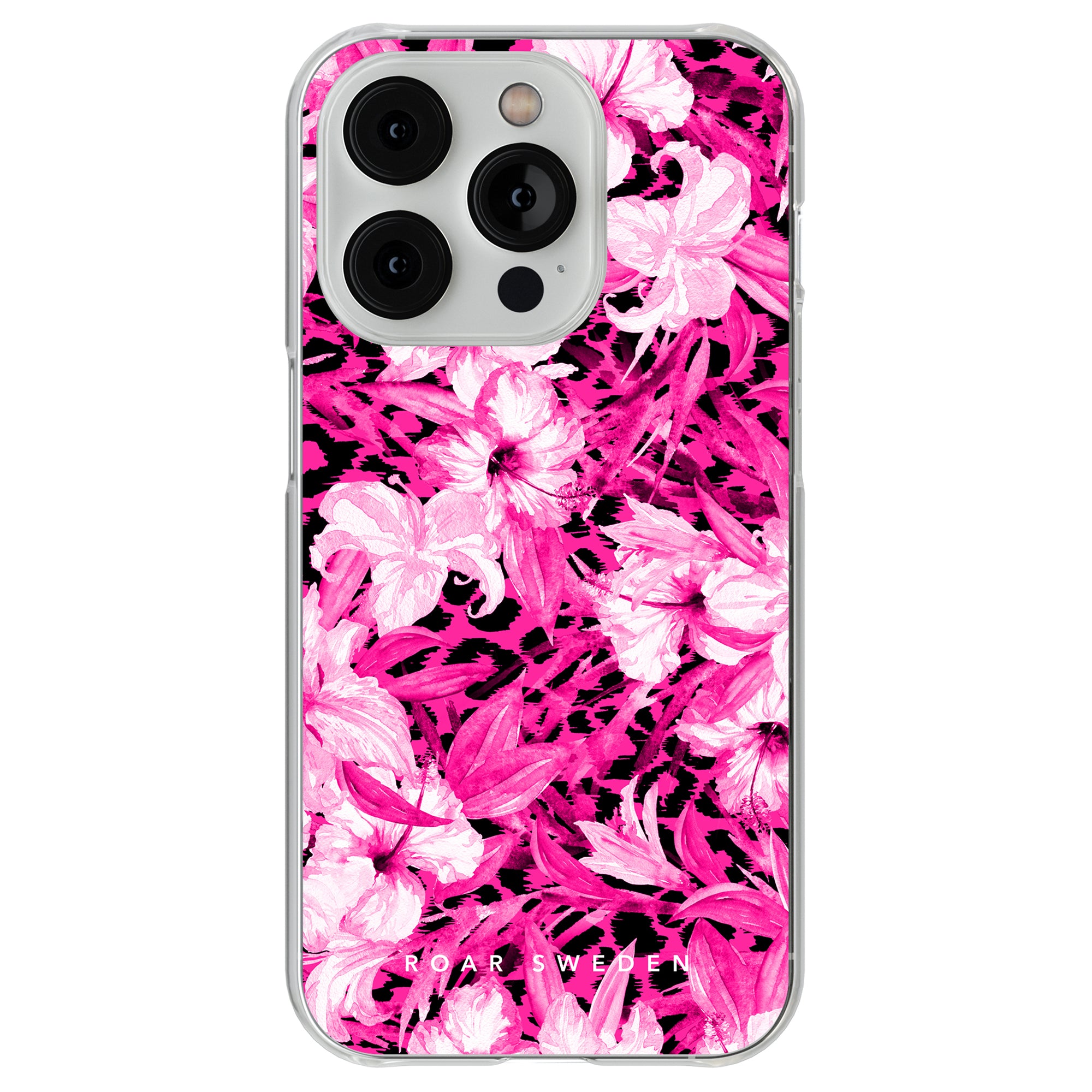 Ett Hibiscus Leo - Clear Case mobilfodral med rosa och svarta blommor, vilket ger det en tropisk look.