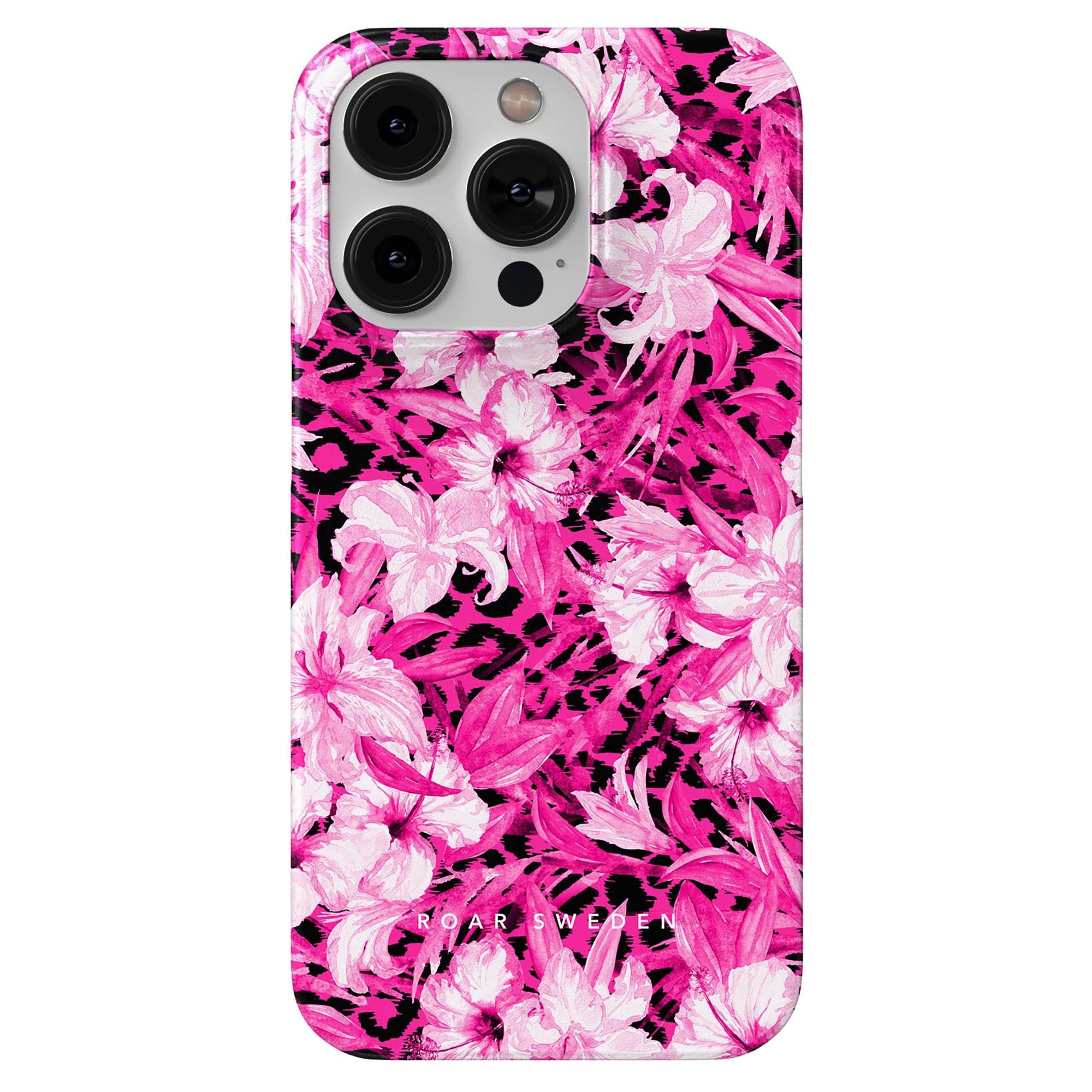 Ett smartphonefodral kallat Hibiscus Leo - Slimfodral, med en blandning av rosa och svarta färger prydda med hibiskusblommor.