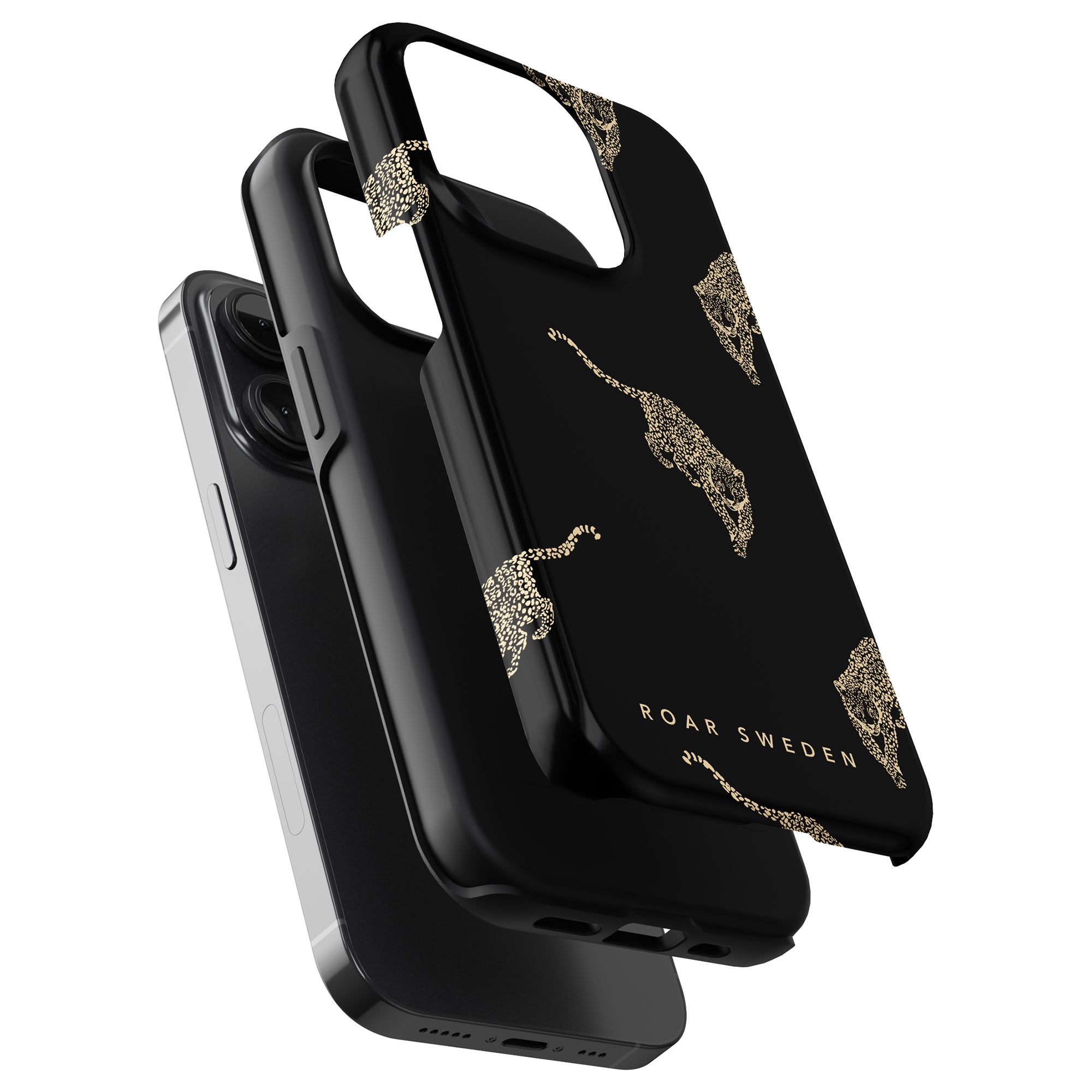 A black and gold Kitty Black - Tough Case for the iPhone 11.