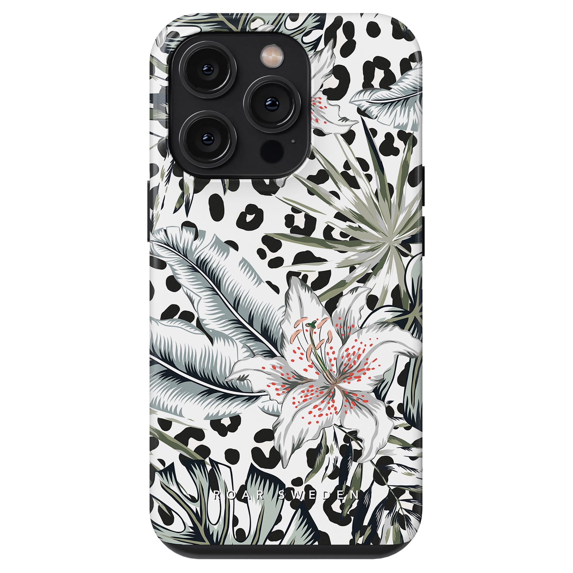 Ett svart och vitt leopardmönstrat Lily - Tufft fodral för iPhone 11.