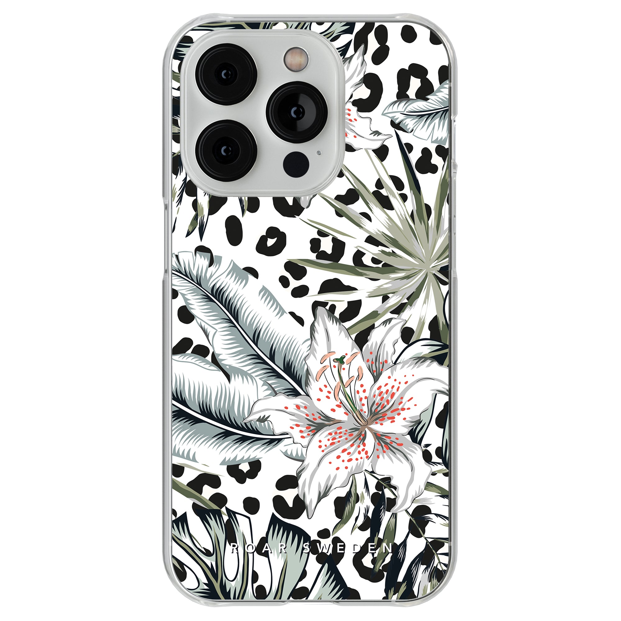 Ett svart och vitt lilja - genomskinligt fodral med leopardtryck, perfekt för dig som älskar vildlivsinspirerad design.