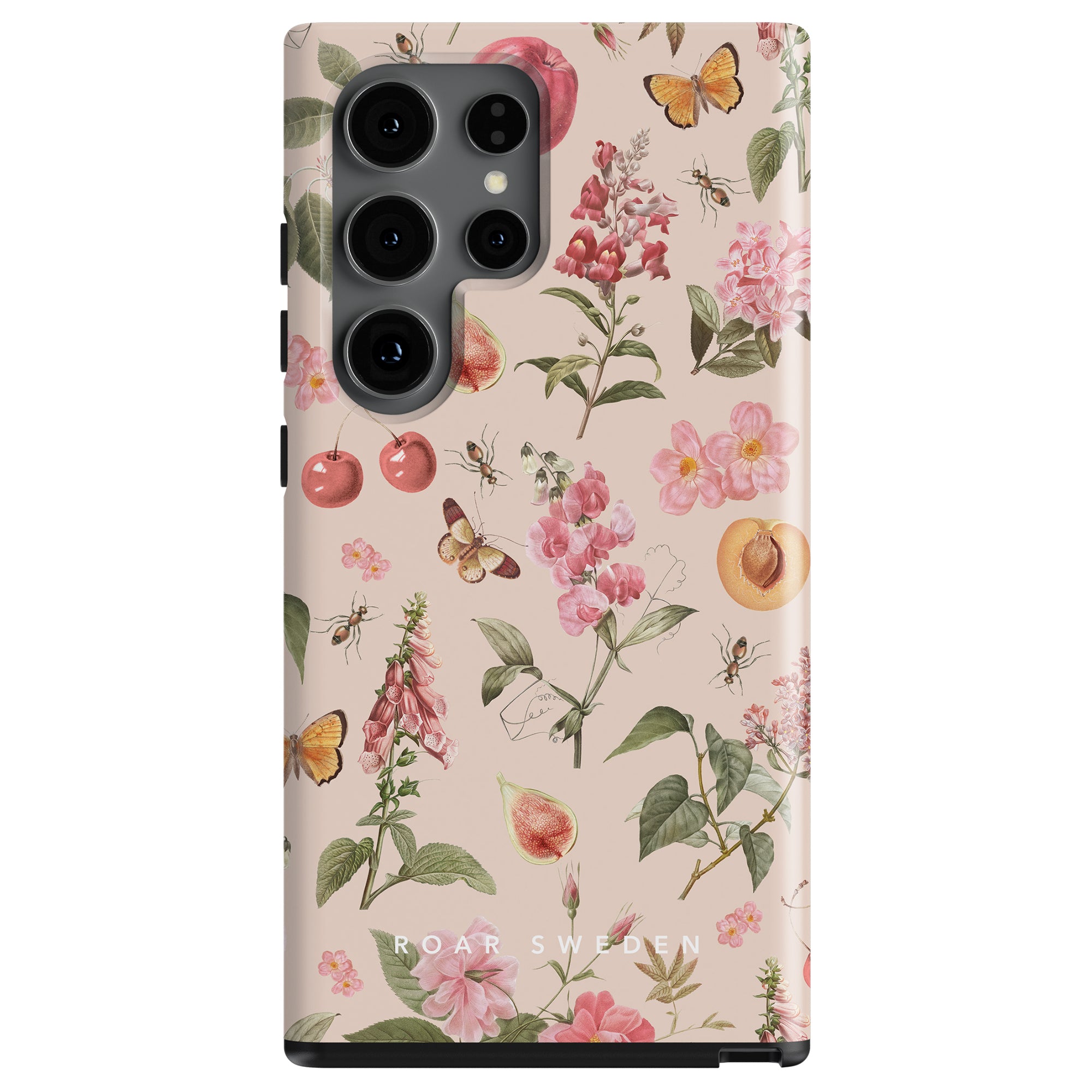 A smartphone with a Romantic Spring - Tough Case design featuring butterflies and fruits, equipped with a triple-lens camera.