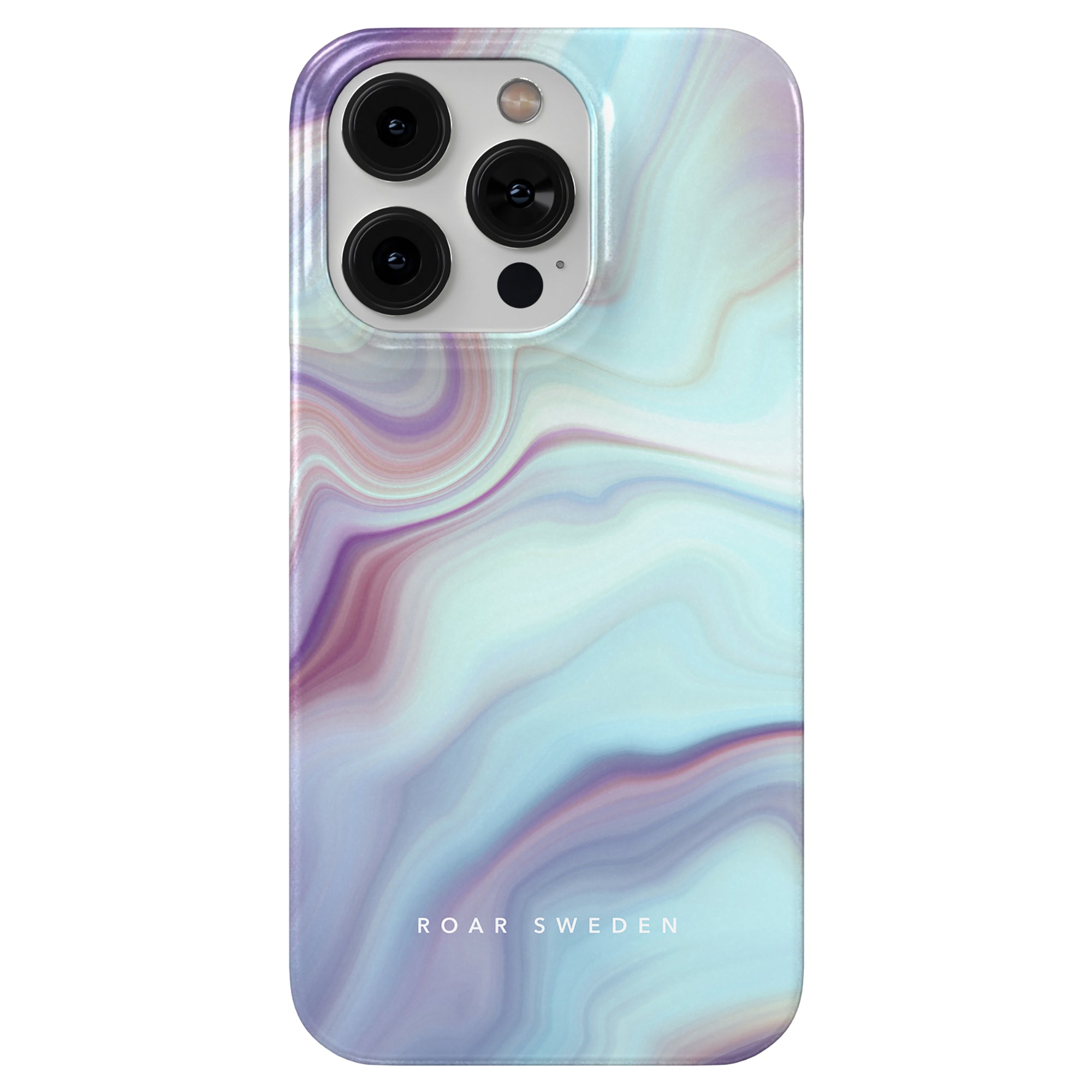 A smartphone with a marbled pastel phone case from the Abalone Slim case collection that reads "roar sweden" and includes three camera lenses.
