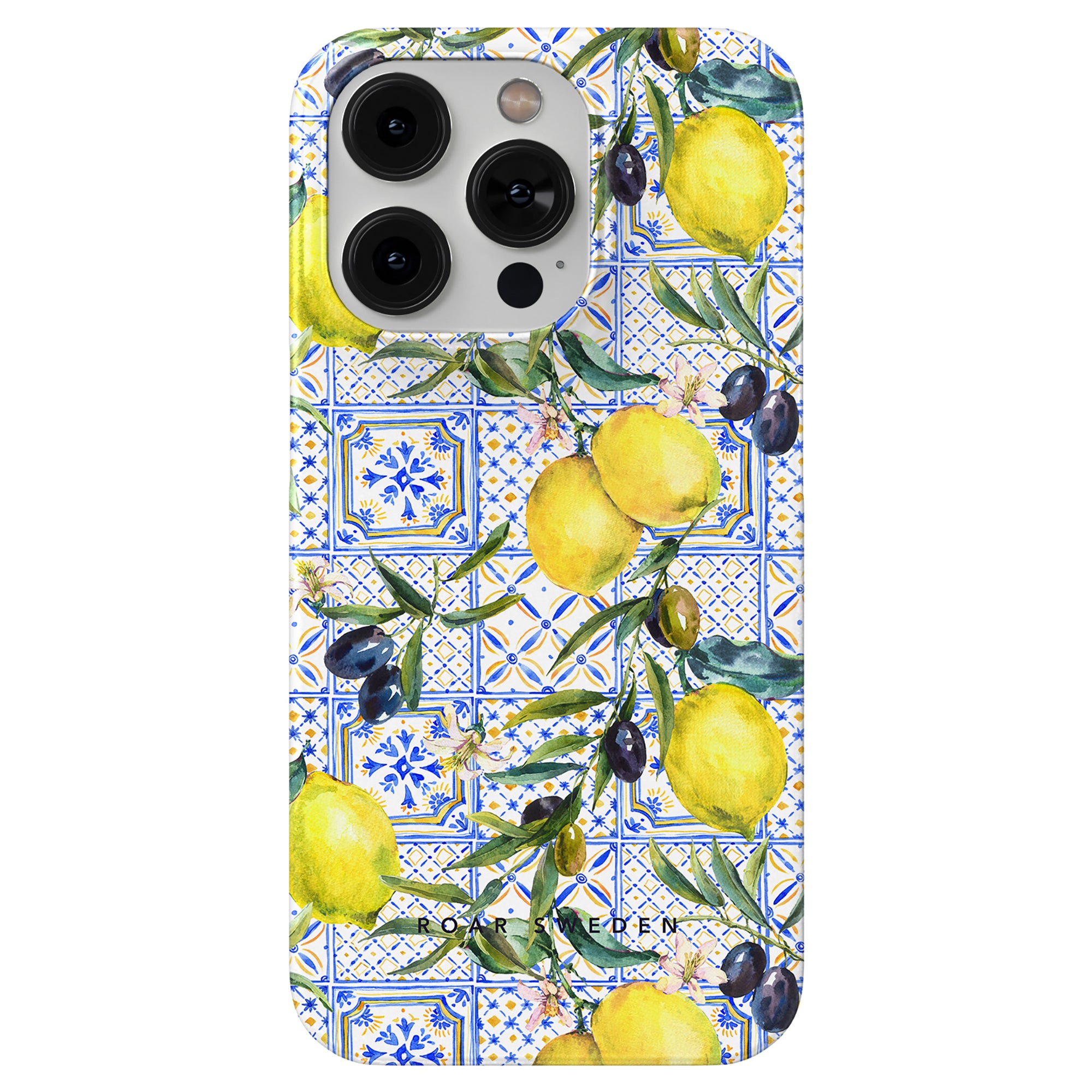 A Amalfi - Slim case with a rustic design featuring a Mediterranean tile motif and lemon illustrations.