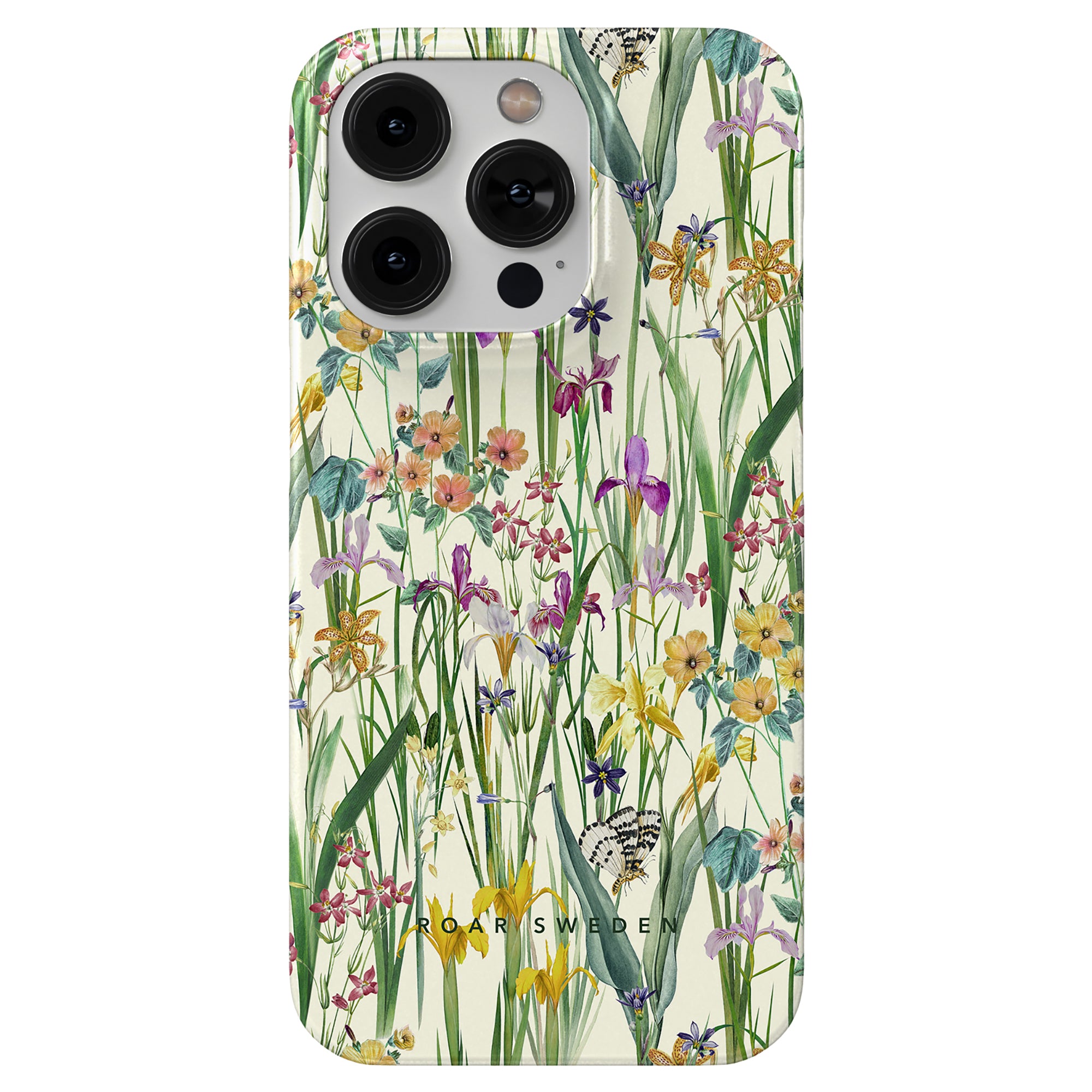 A phone case with a Blooming Meadow - Slim case design accommodating a dual-lens camera setup, ideal for those interested in anti-aging skincare.