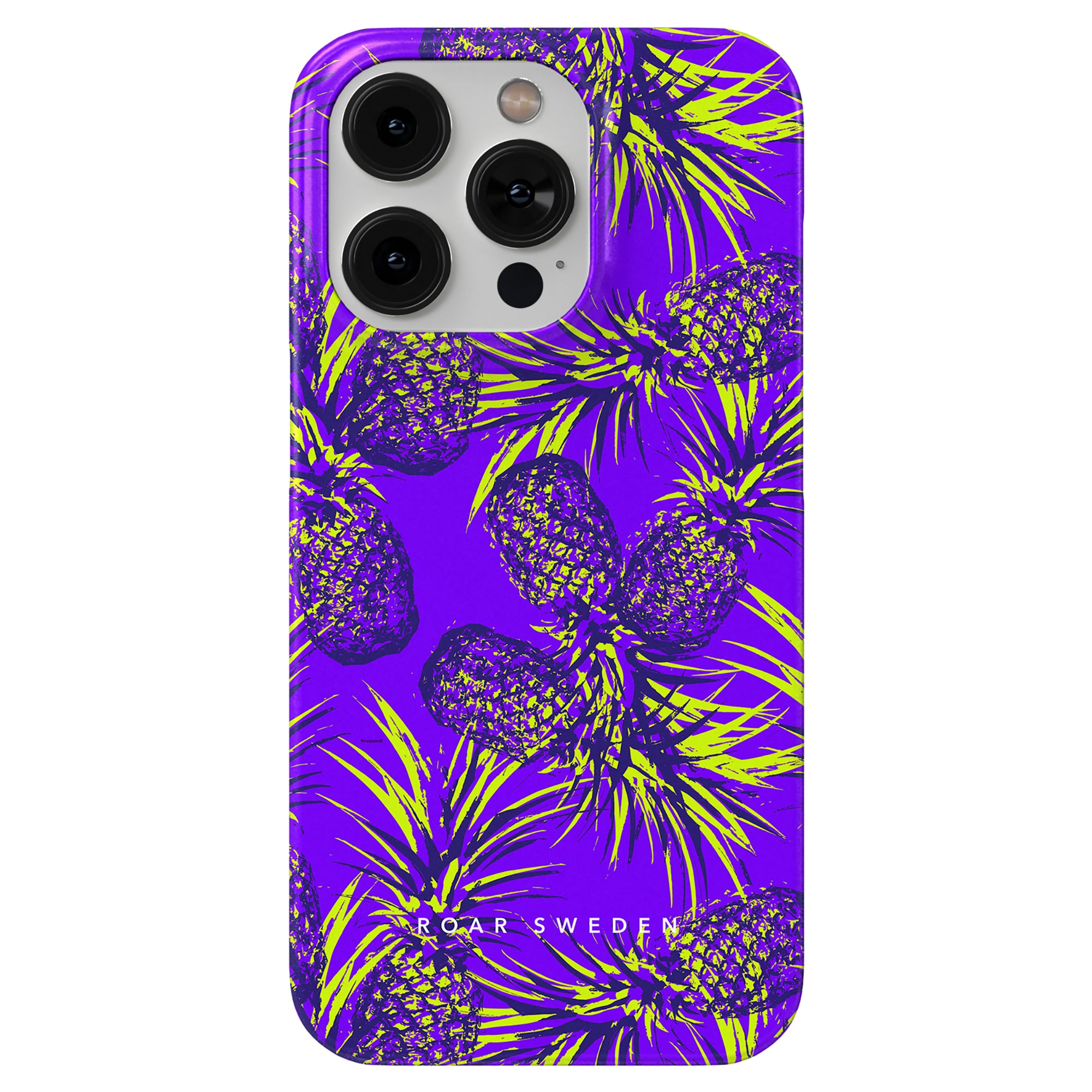 A smartphone with a vibrant purple and yellow Comosus slim case, perfect as a highlight in any SEO-focused product description.