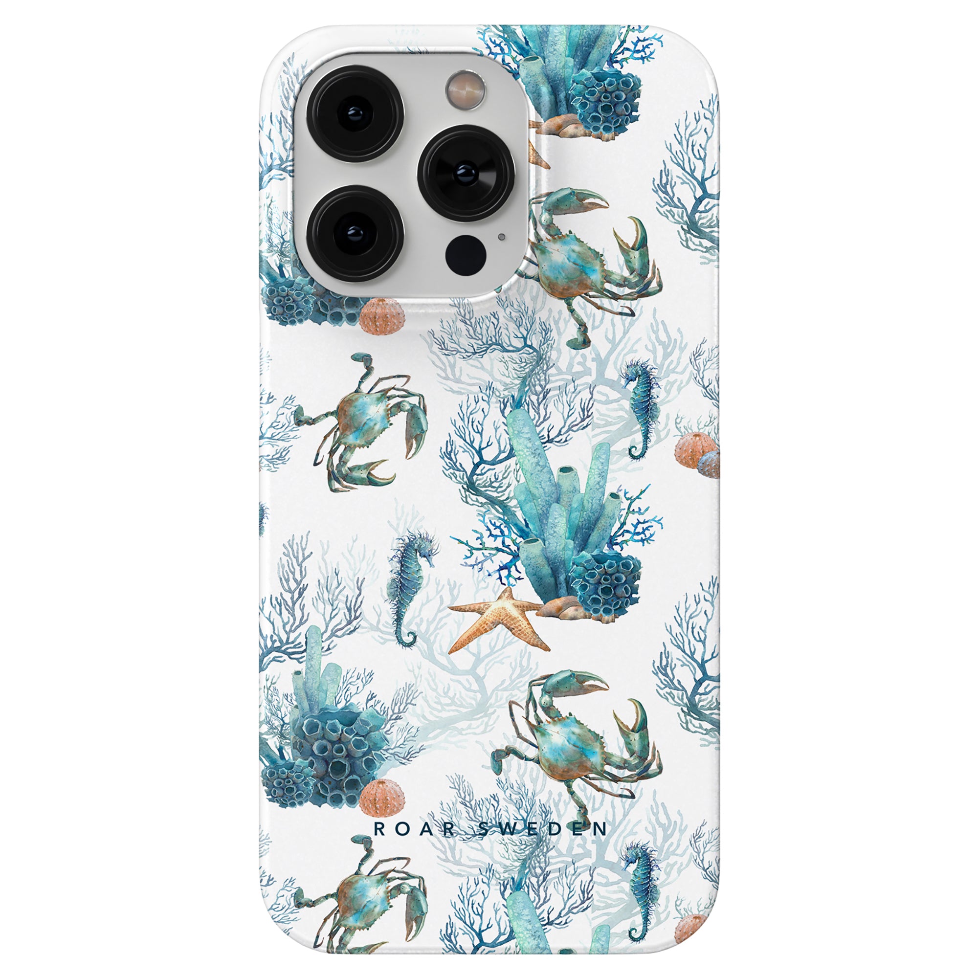 A smartphone case with an SEO-optimized Crab Reef - Slim case showcasing a marine-themed design featuring crabs, coral, and starfish.
