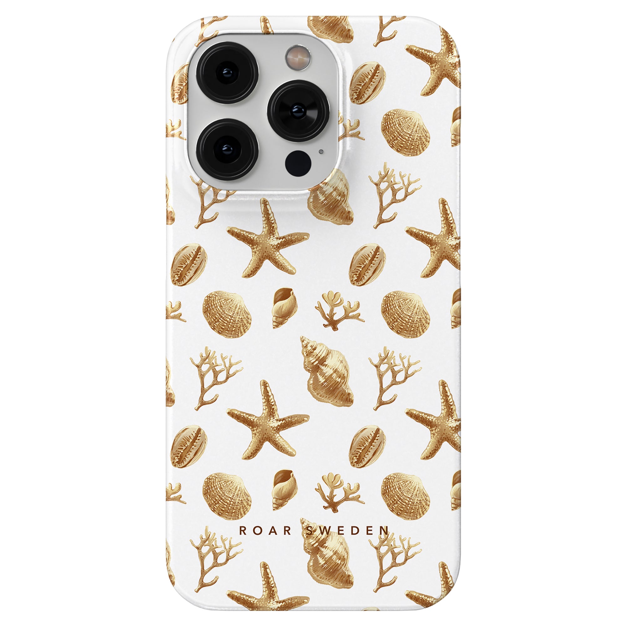 A Golden Shells slim phone case with a marine-themed pattern featuring gold starfish, seashells, and crabs on a white background.