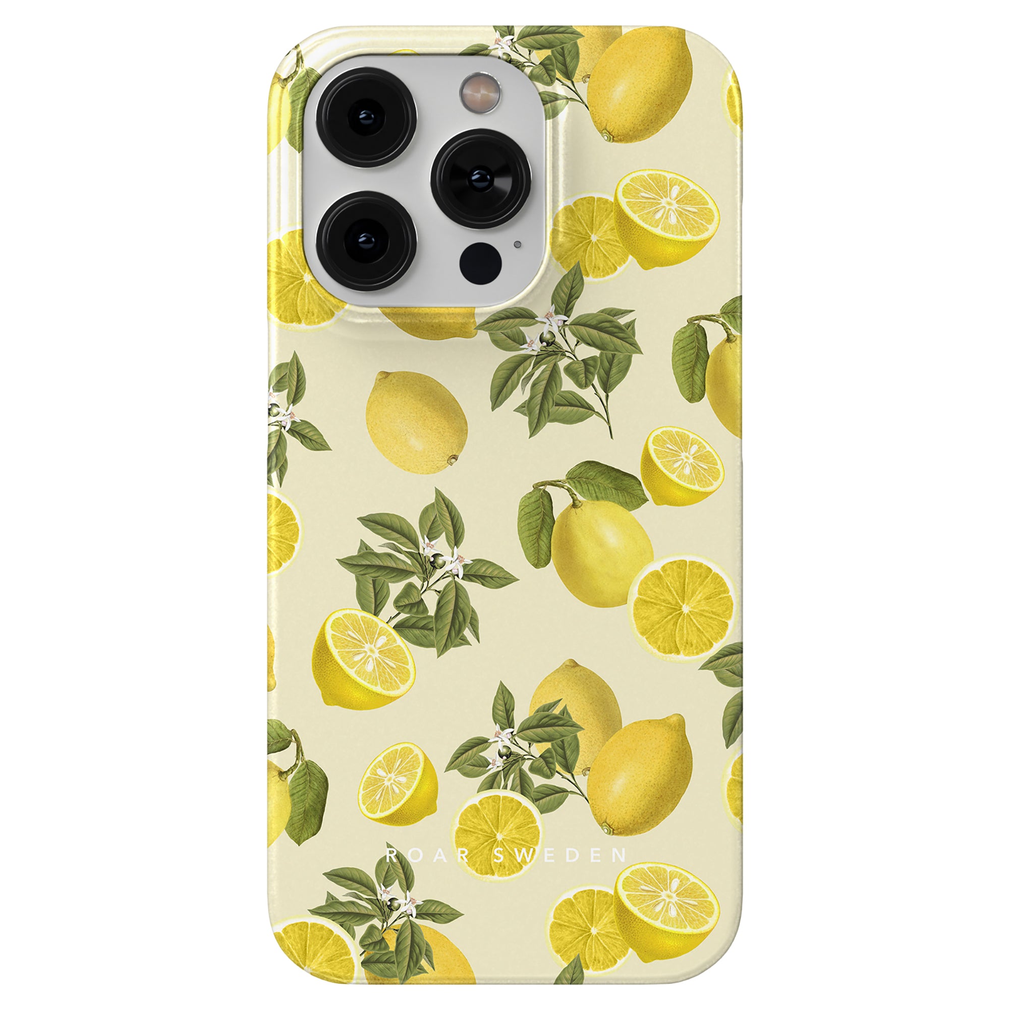 Yellow Limon-patterned phone case with dual camera cutouts, crafted from durable material.