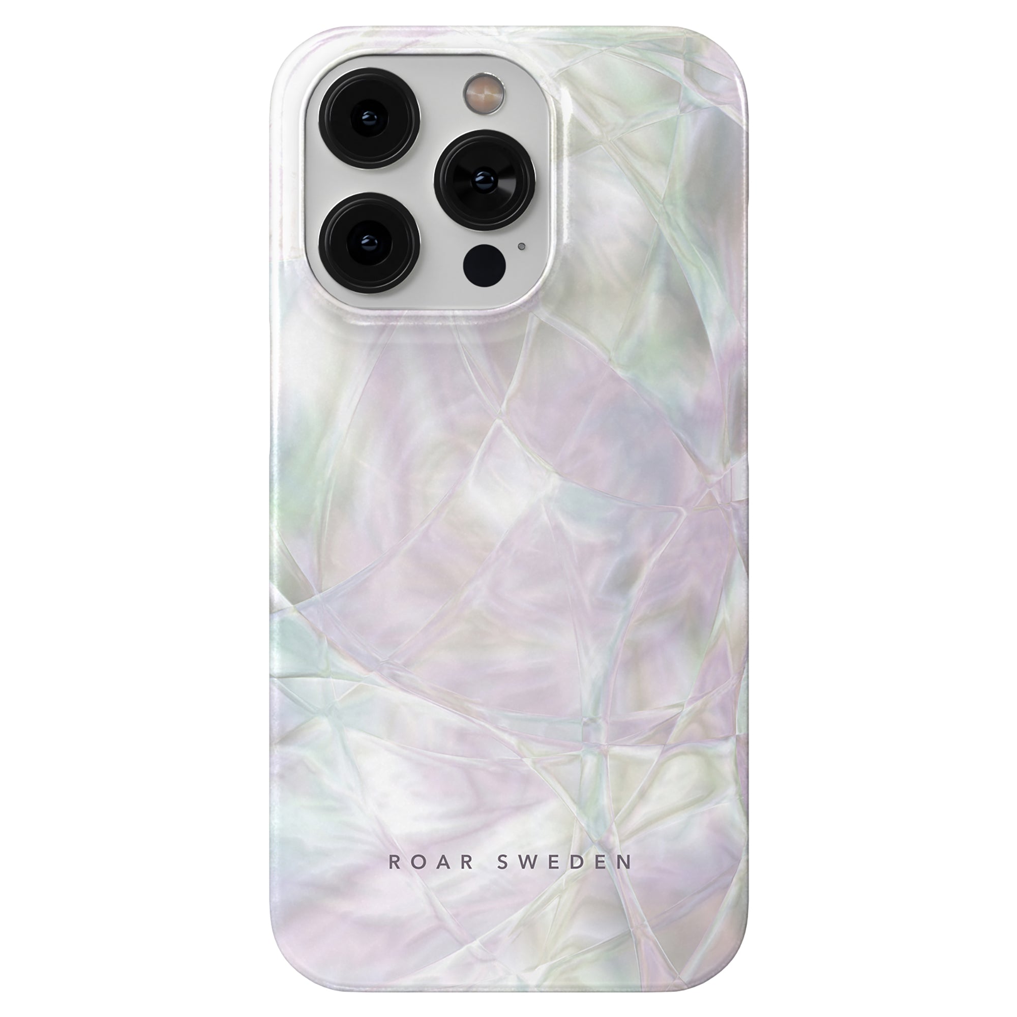 A Mauve - Slim case with a pearlescent design and three camera cutouts, branded with "roar sweden" at the bottom.