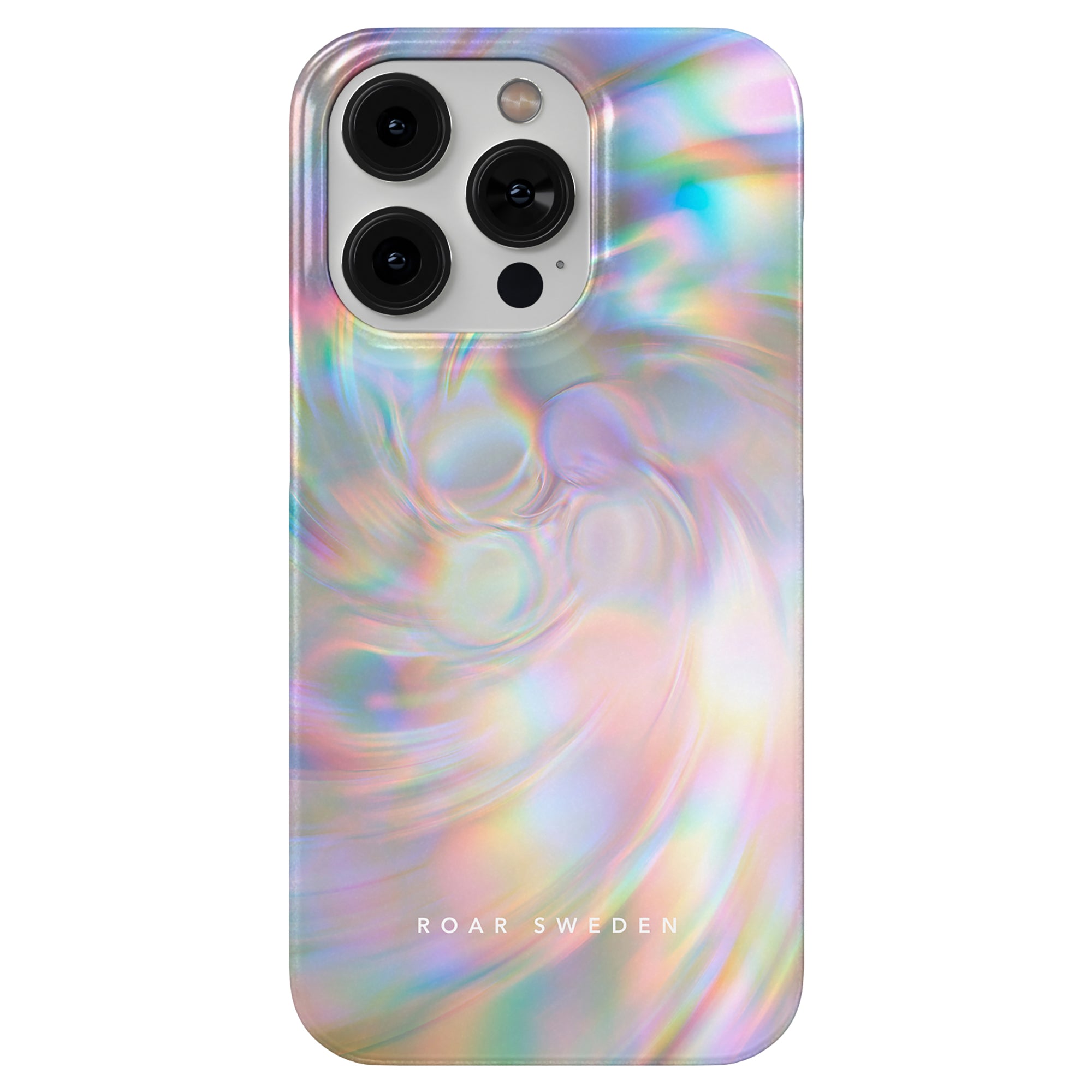 A smartphone with a Pearlescent - Slim case showing iridescent swirls and labeled "roar sweden," featuring three camera lenses.