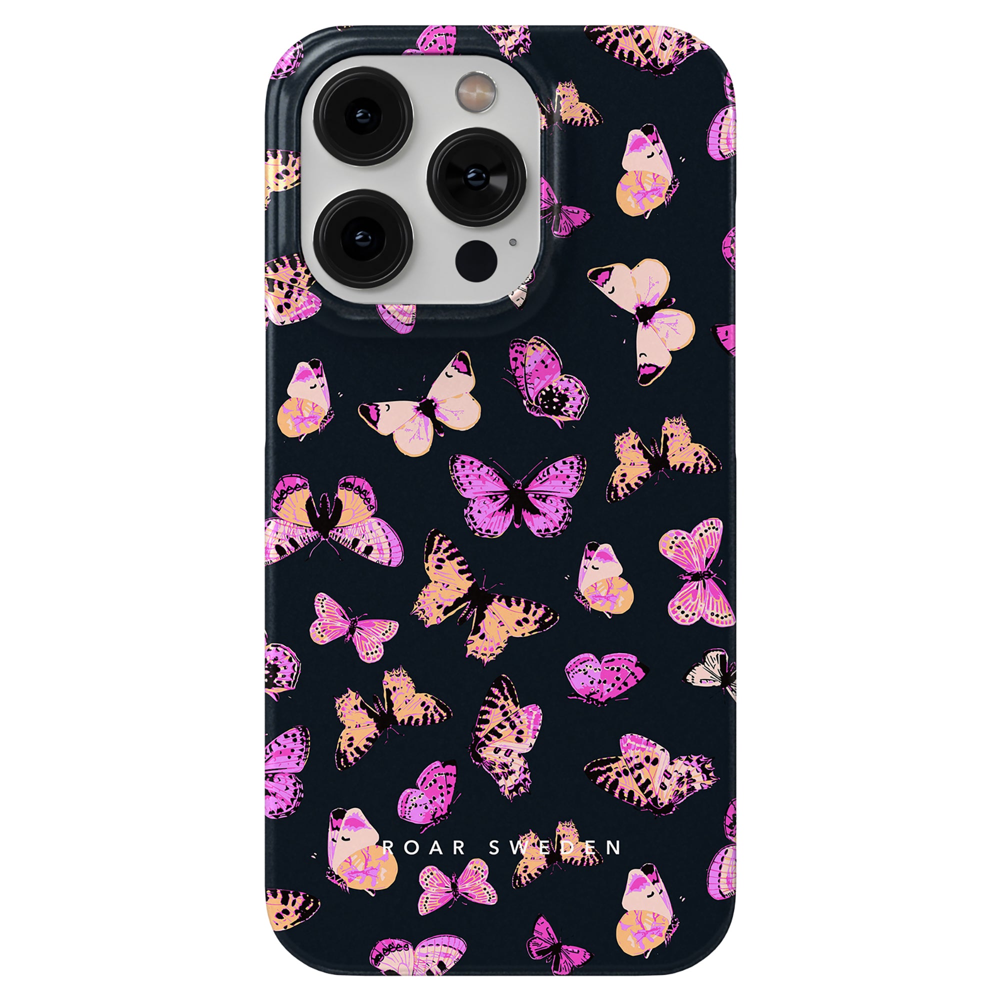 A smartphone case with a black background and a Pink Butterflies pattern, offering a relaxed fit.