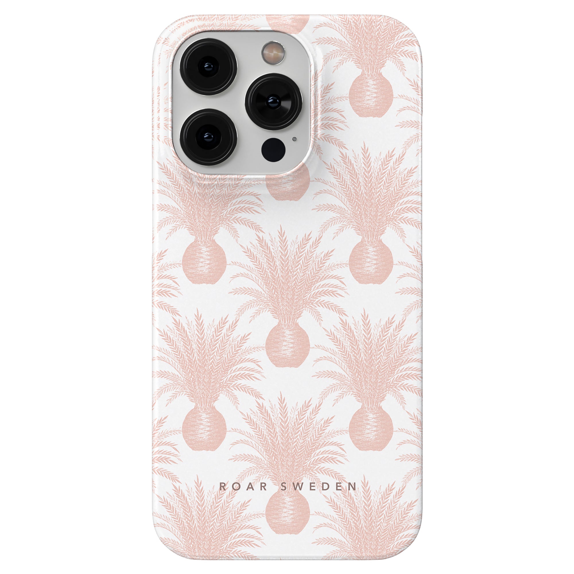 White smartphone with a Pink Pineapple - Slim case, a triple-lens camera, and waterproof durability.