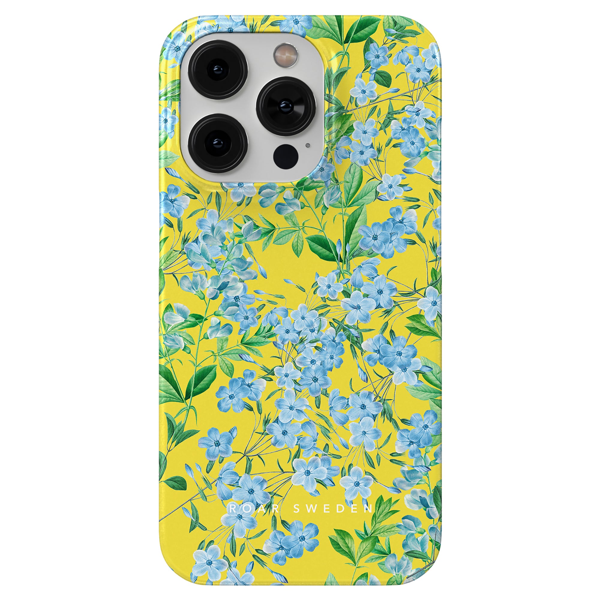 Product description: Spring Ditsy - Slim case featuring a patterned smartphone case with a floral design on a yellow background.