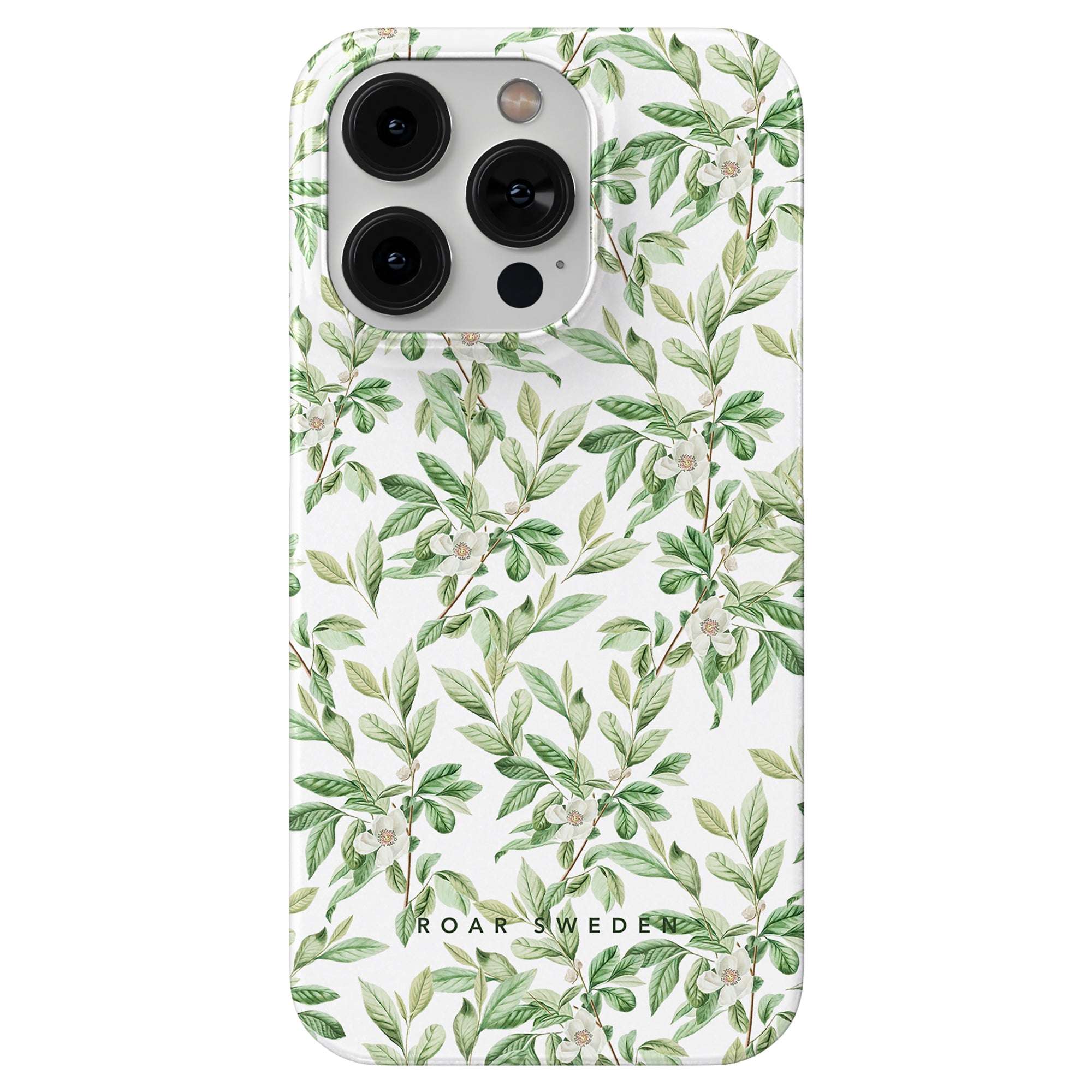 A smartphone with a Spring Leaves - Slim case design, showcasing green leaves and white flowers, ideal for SEO product description.