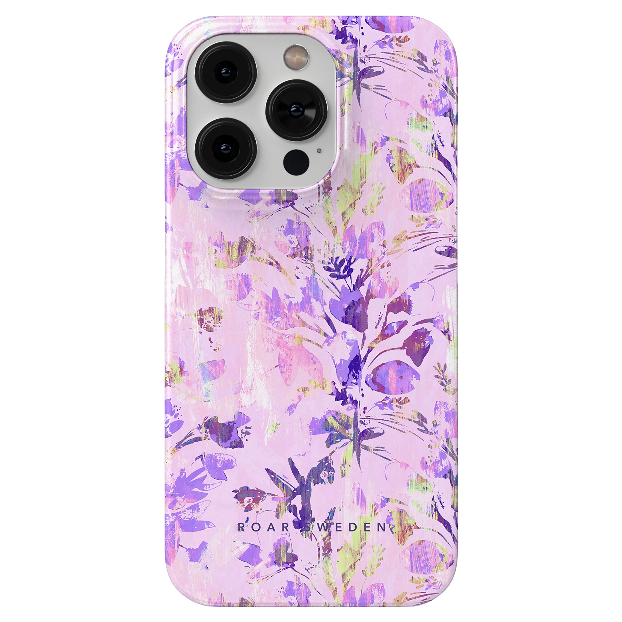 A Spring - Slim case with a purple and lavender floral and butterfly design, showcasing an organic face oil-reminiscent hydrating formula texture, featuring printed text at the bottom.