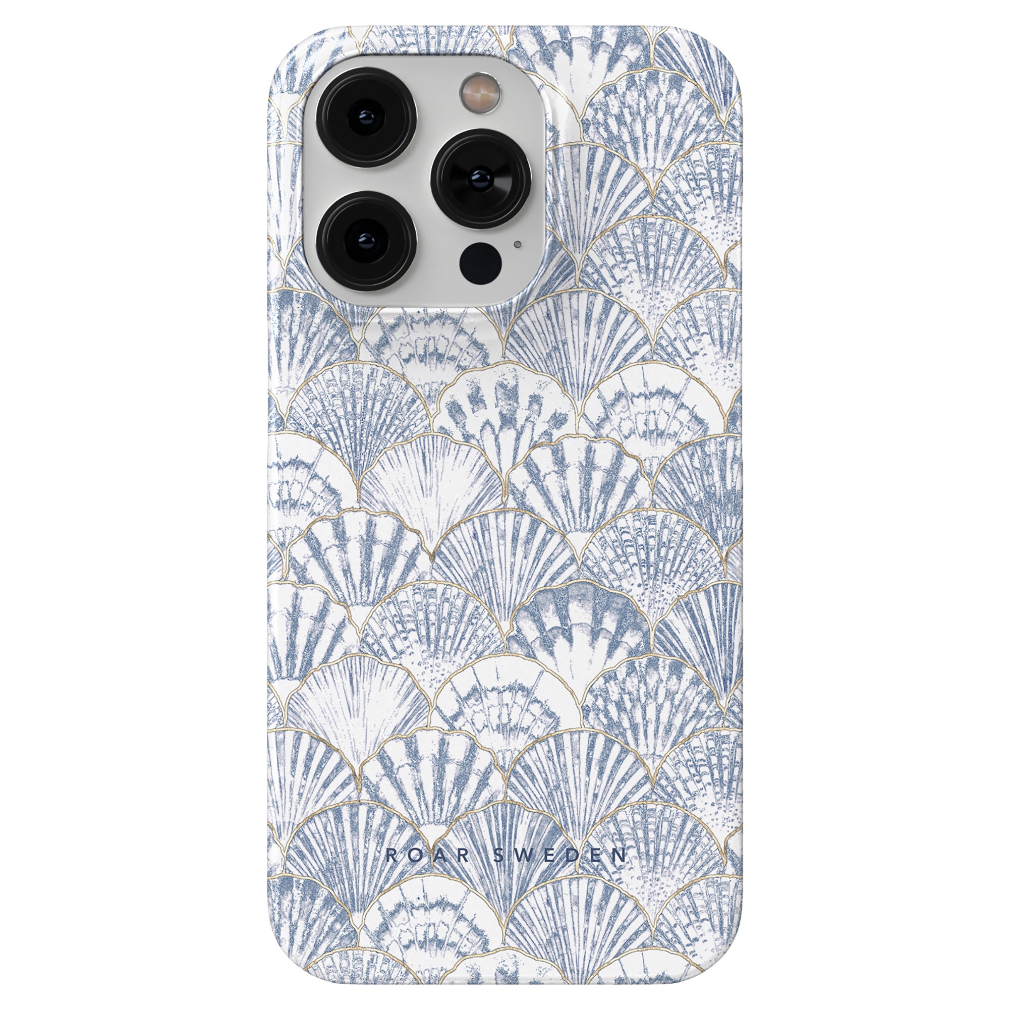 A smartphone with a Valencia slim case featuring a blue seashell pattern from our ocean collection.