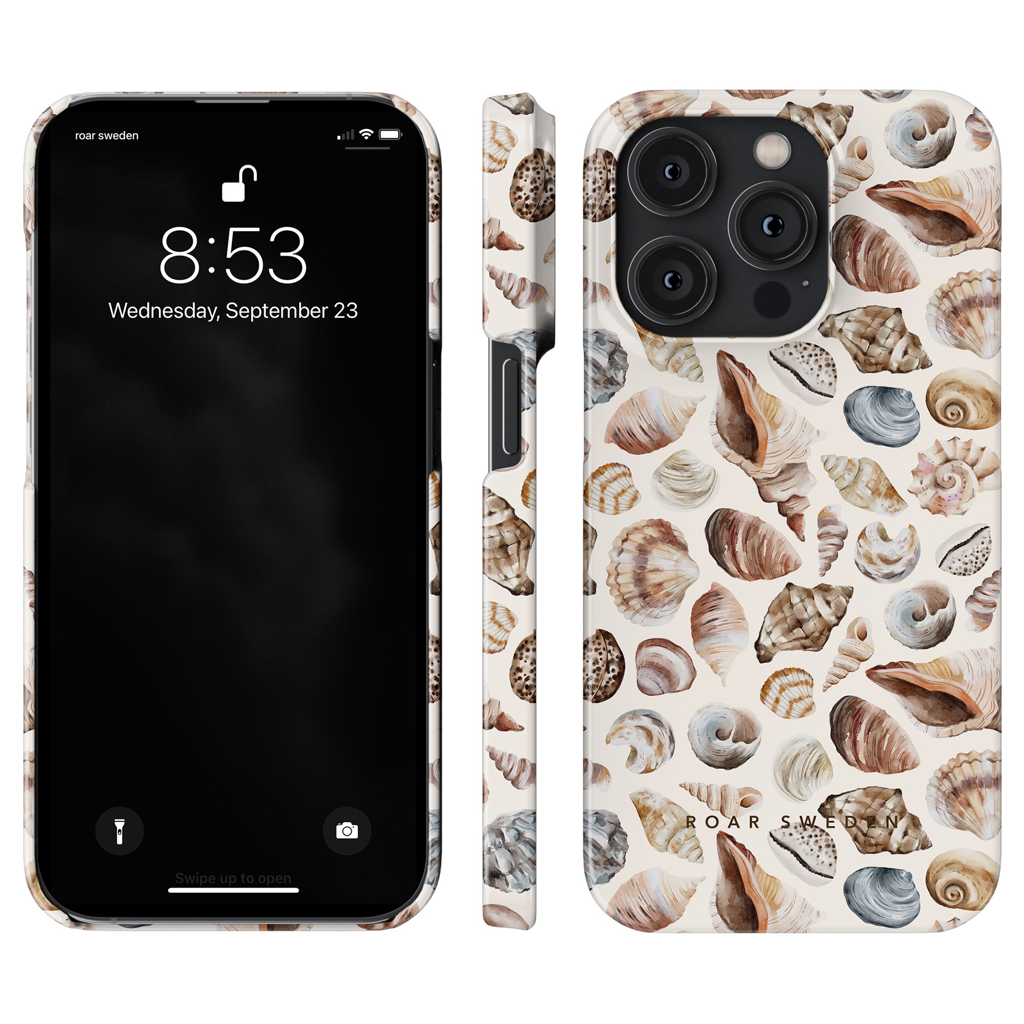 A smartphone encased in a Beach Shells - Slim case, ideal for enhancing both aesthetics and safety.