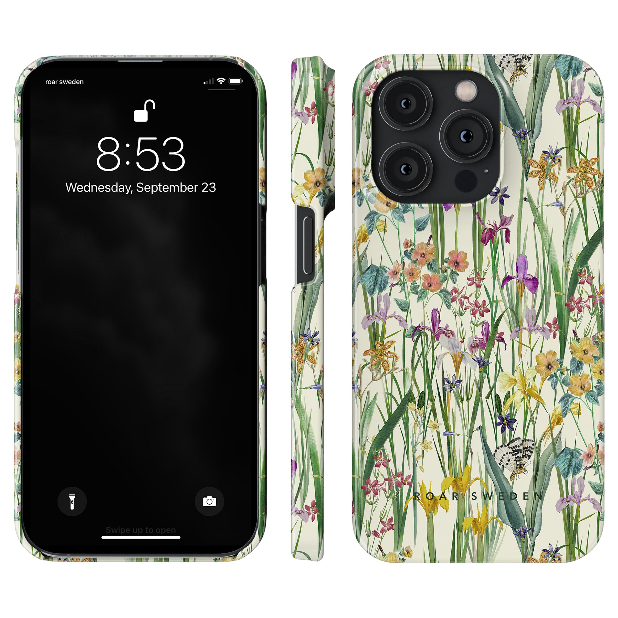 A smartphone with a Blooming Meadow - Slim case displaying the lock screen with the time and date sits next to a moisturizer.