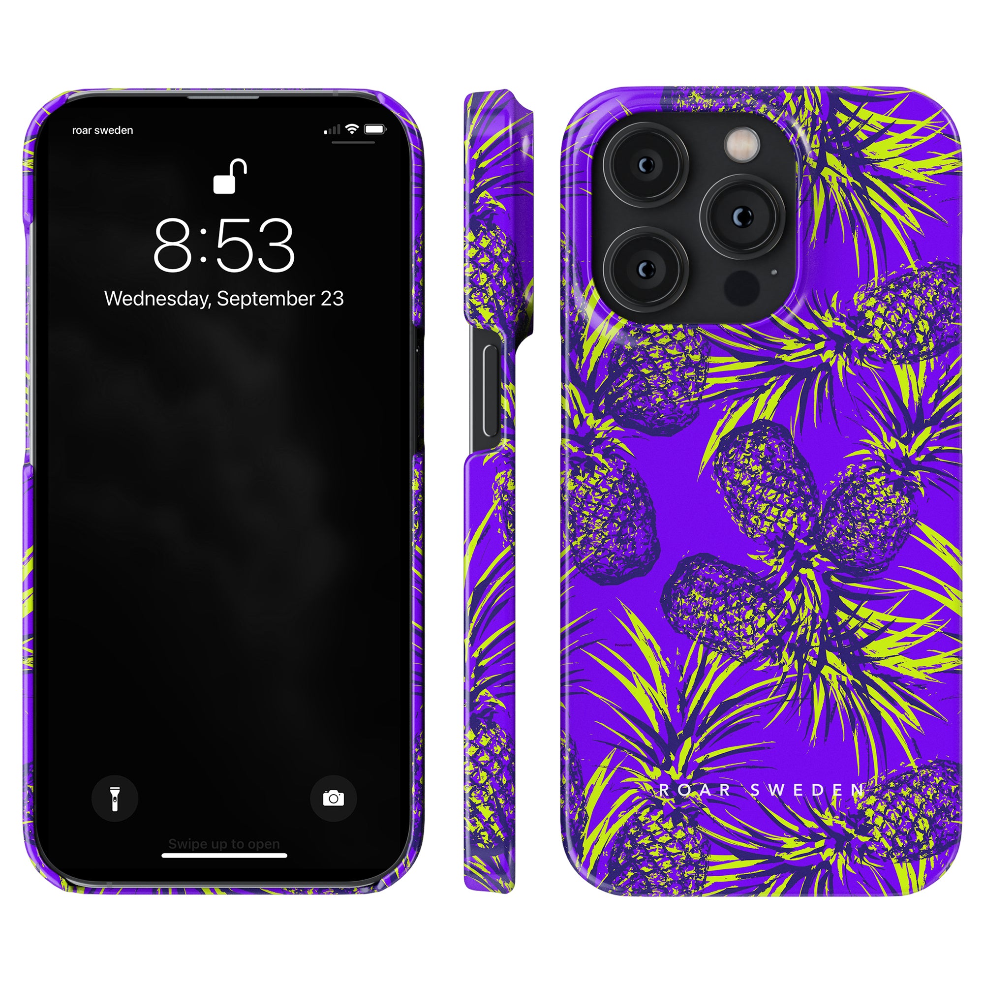 Enhance your device with our SEO-optimized Comosus - Slim case: a smartphone adorned with a vibrant purple and yellow pineapple-themed case.