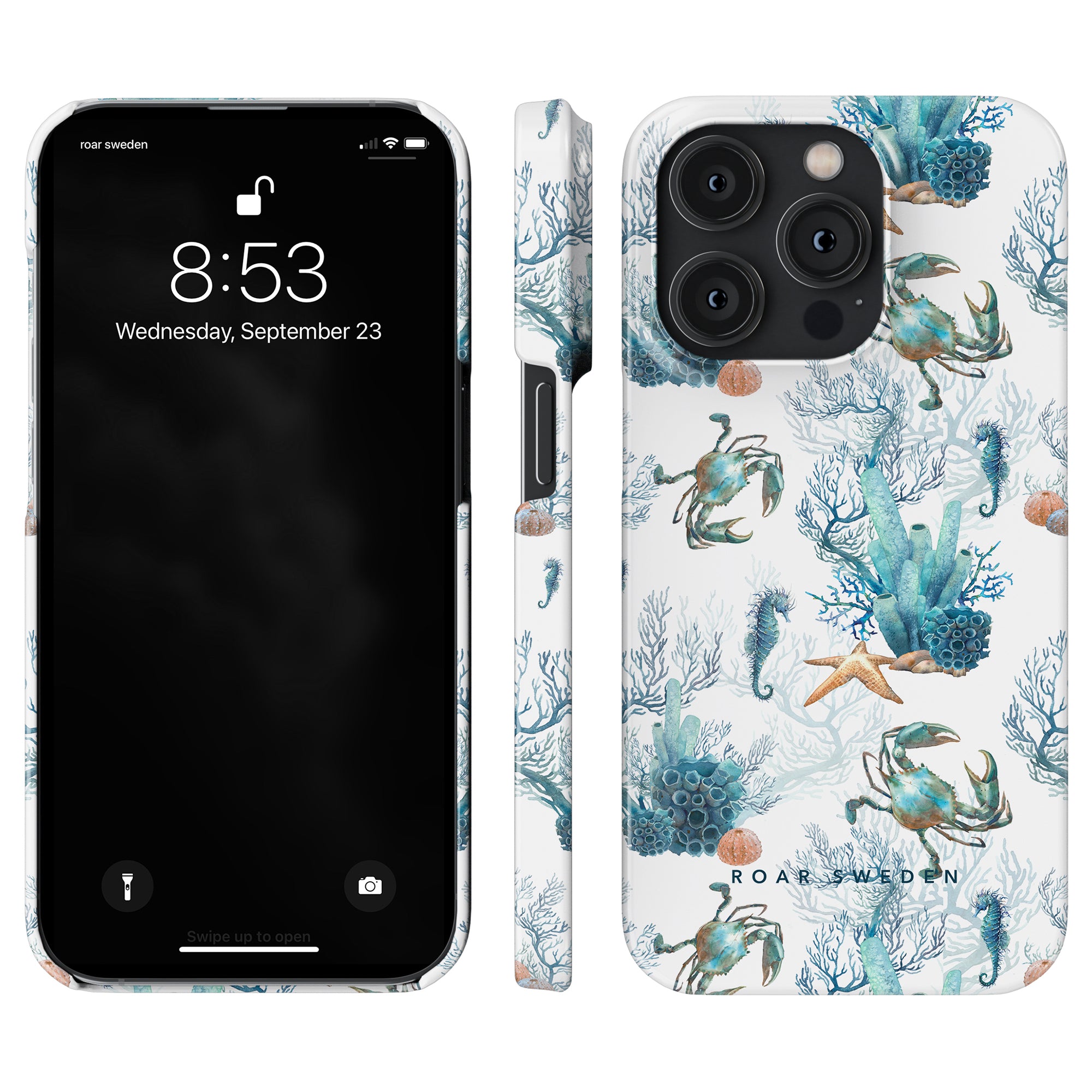 A smartphone with a Crab Reef - Slim case, displaying the time and date on its lock screen, is an ideal SEO-optimized product description for those seeking a stylish yet functional accessory.