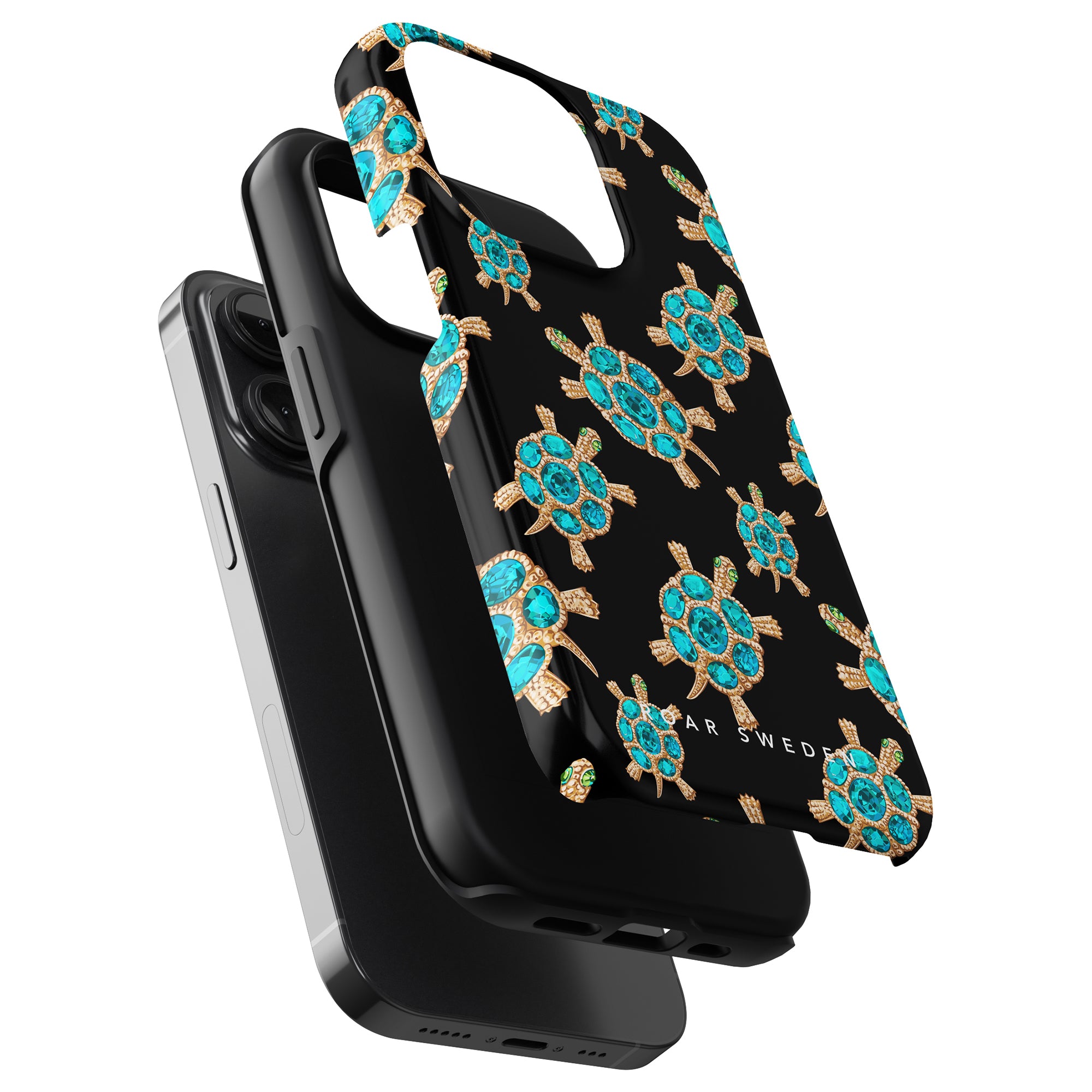 Black smartphone with a decorative Diamond Turtle - Tough Case from the ROAR SWEDEN Ocean Collection featuring turquoise flower patterns attached to a wireless charging device.