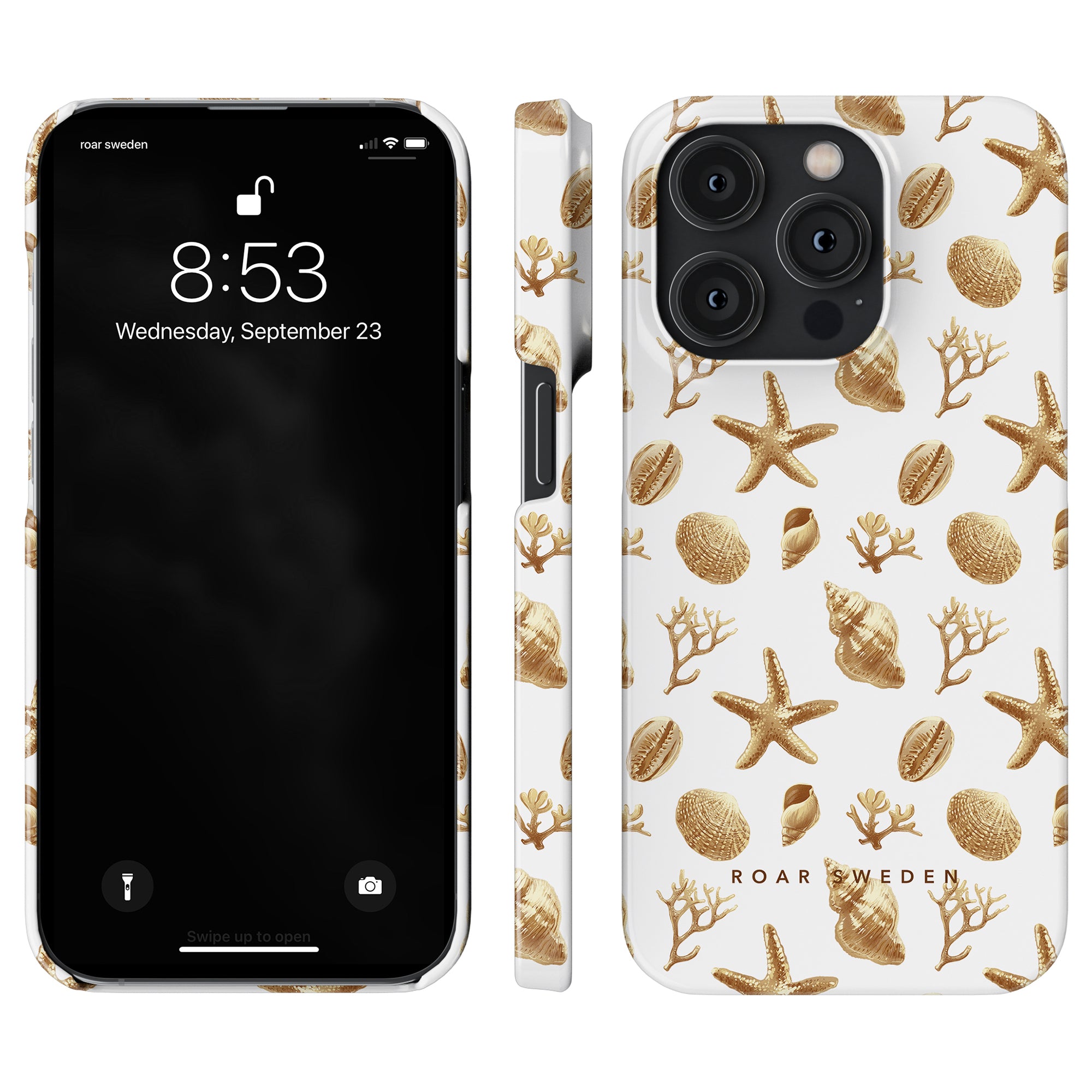 Black smartphone with a Golden Shells - Slim case featuring gold turtles and text "ideal of sweden" on a white background.