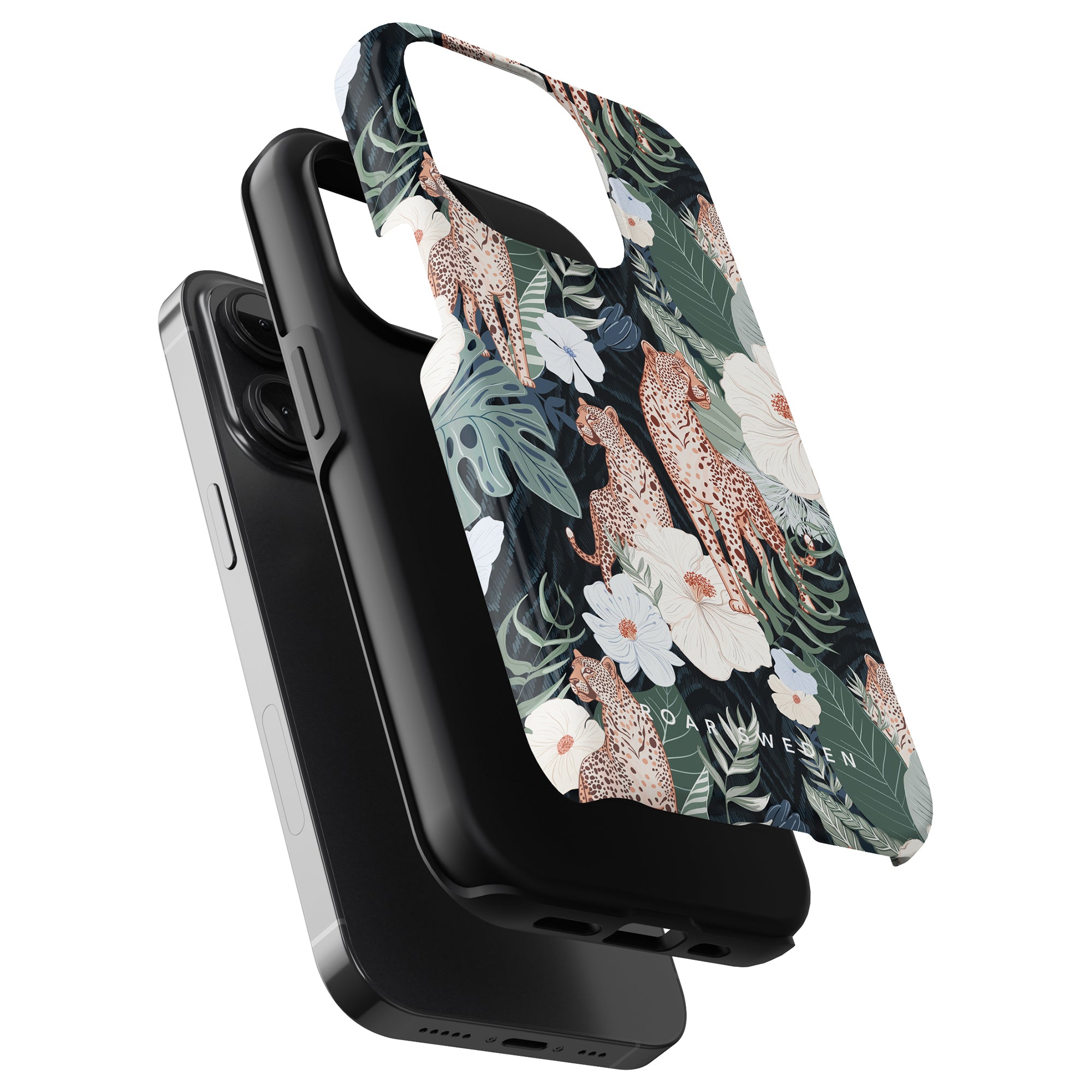 A smartphone in a Leopardess tough case attached to a decorative strap with a floral pattern on a white background.