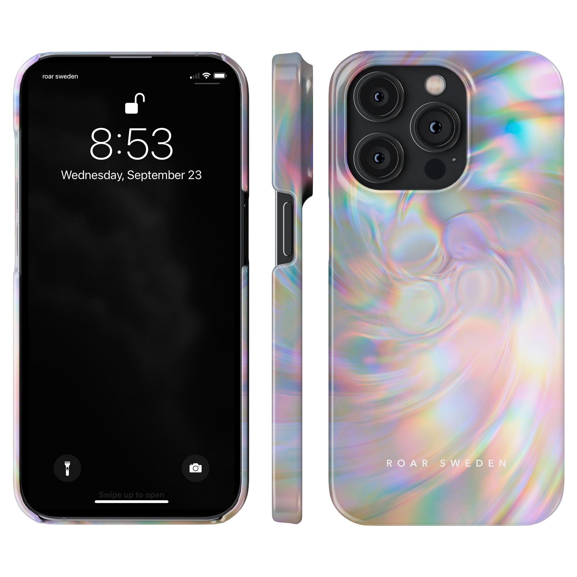 Black smartphone with screen showing time and date, beside a Pearlescent Slim case with iridescent swirl design.