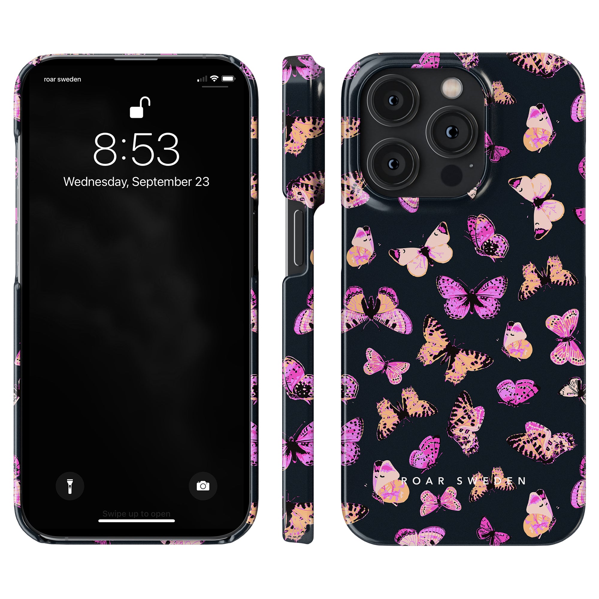 A smartphone with a Pink Butterflies - Slim case displaying the lock screen is placed next to a cotton shirt.